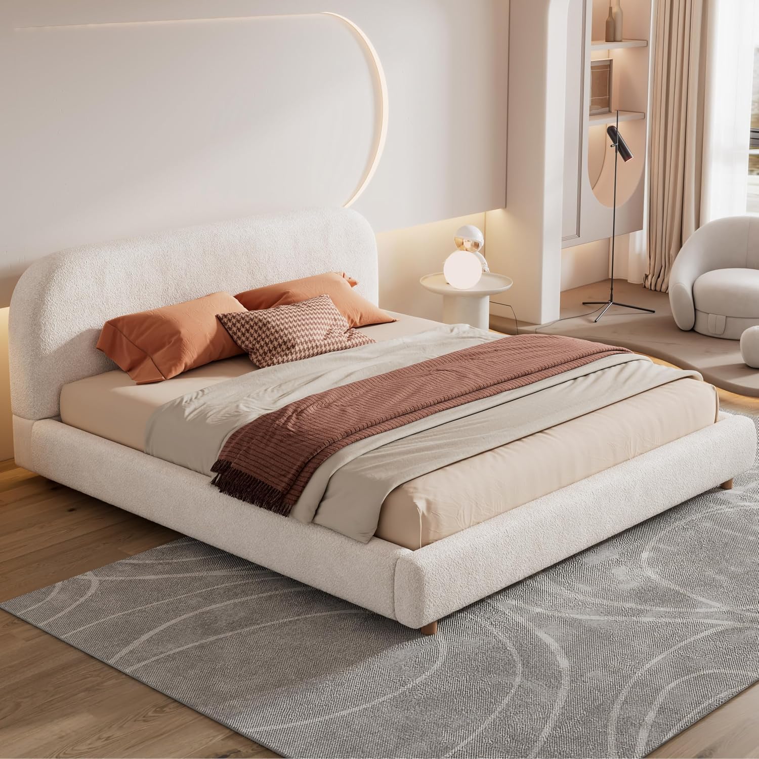 JIVOIT King Size Platform Bed with Curve-Shaped Design Headboard, Boucle Fabric Upholstered Platform Bed with Strong Support, Modern Bed Frame, No Box Spring Needed, Easy Assembly (White,King,8)