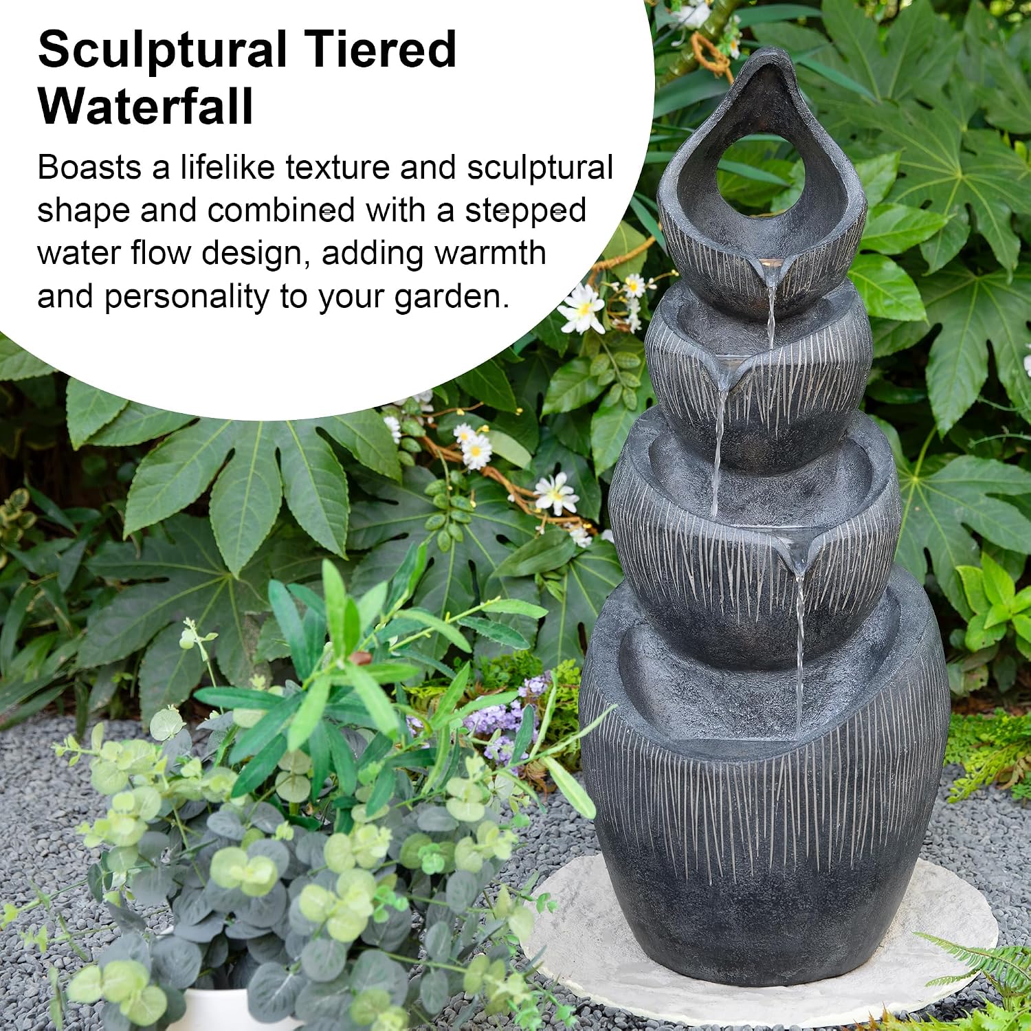 Glitzhome Outdoor Fountain with Lights & Pump, 34' H 4-Tiered Cascading Zen-Style Water Fountain Outdoor, Alms Bowl Polyresin Waterfall Water Feature for Garden, Patio, Yard, Deck Decor