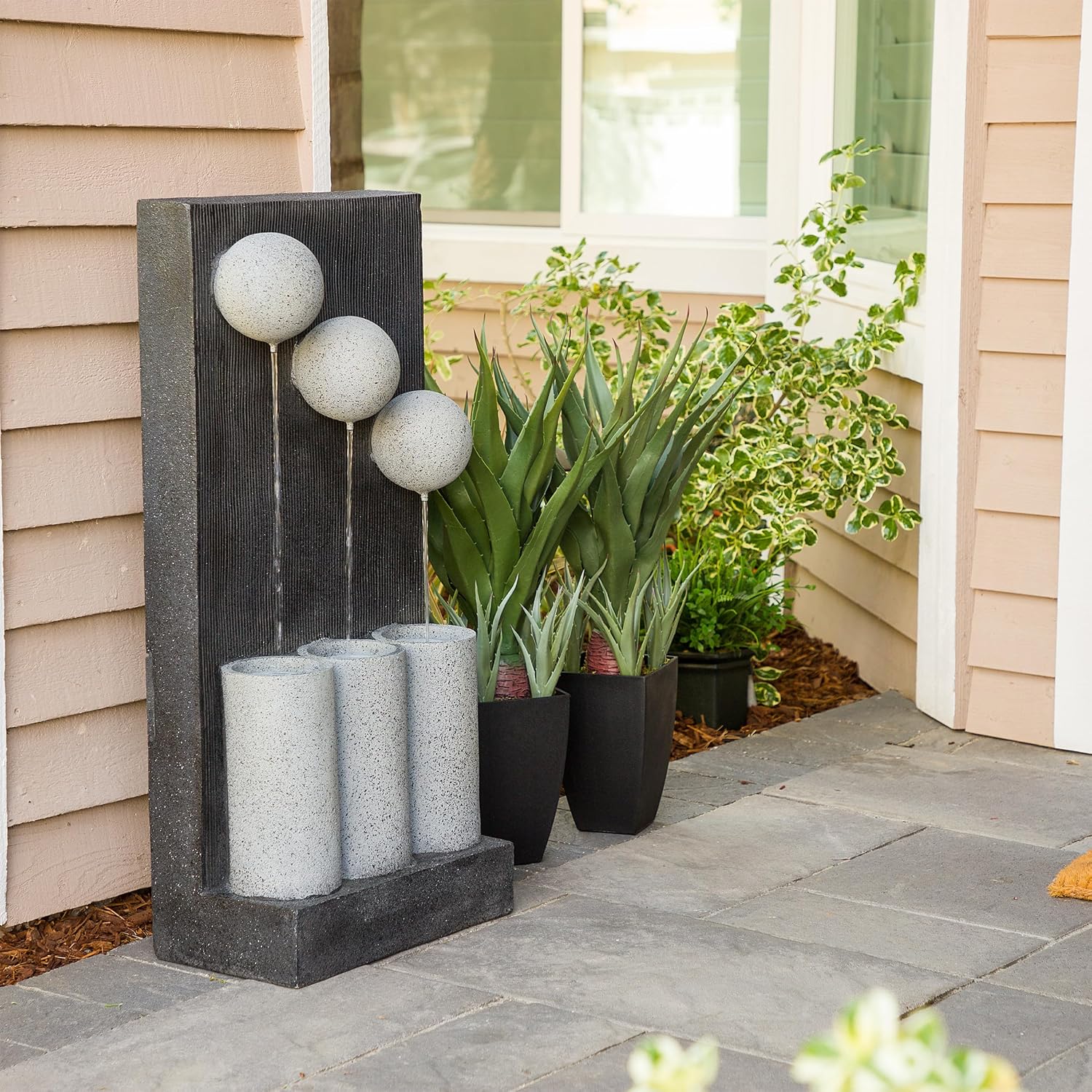 Alpine Corporation 37' Tall Outdoor Floor Calming Infinity Fountain with LED Lights, 3-Tier Modern Water Fountain, Gray