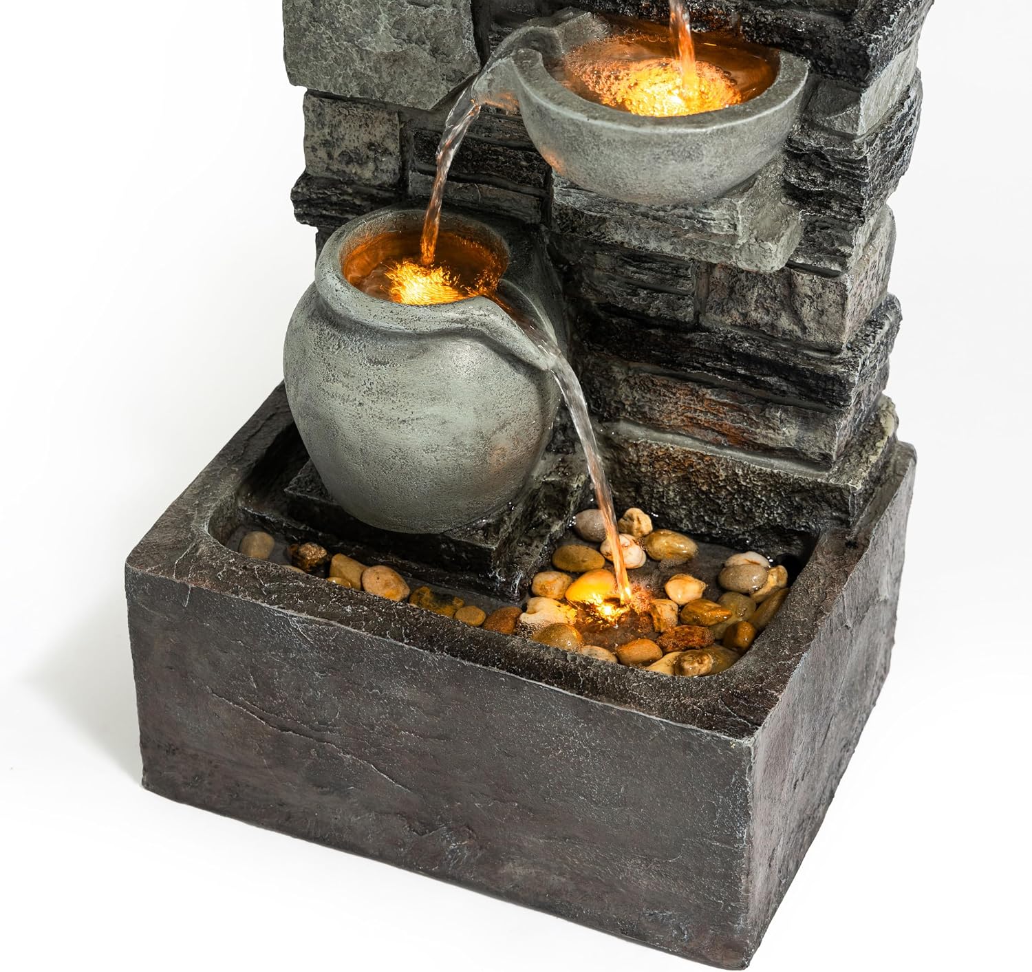 Teamson Home 28.5' Outdoor 4-Tier Stacked Stone Cascading Water Fountain with LED Lights, Gray