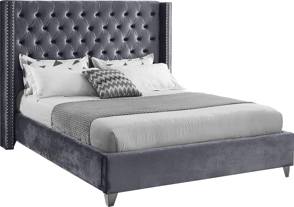 Meridian Furniture Aiden Collection Modern | Contemporary Velvet Upholstered Bed with Deep Button Tufting, Solid Wood Frame, and Custom Chrome Legs, King, Grey