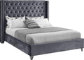 Meridian Furniture Aiden Collection Modern | Contemporary Velvet Upholstered Bed with Deep Button Tufting, Solid Wood Frame, and Custom Chrome Legs, King, Grey