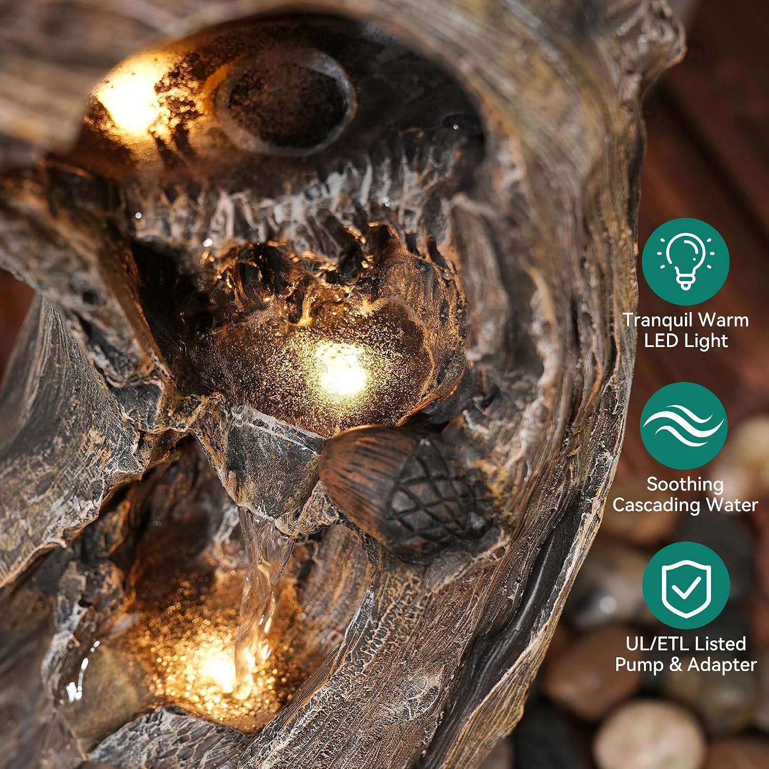 32' H Resin Owl Tree Trunk Fountain Outdoor, Forest Style 4-Tiers Water Feature Outdoor with Lights, Soothing Cascading Waterfall for Patio, Backyard, Garden or Porch