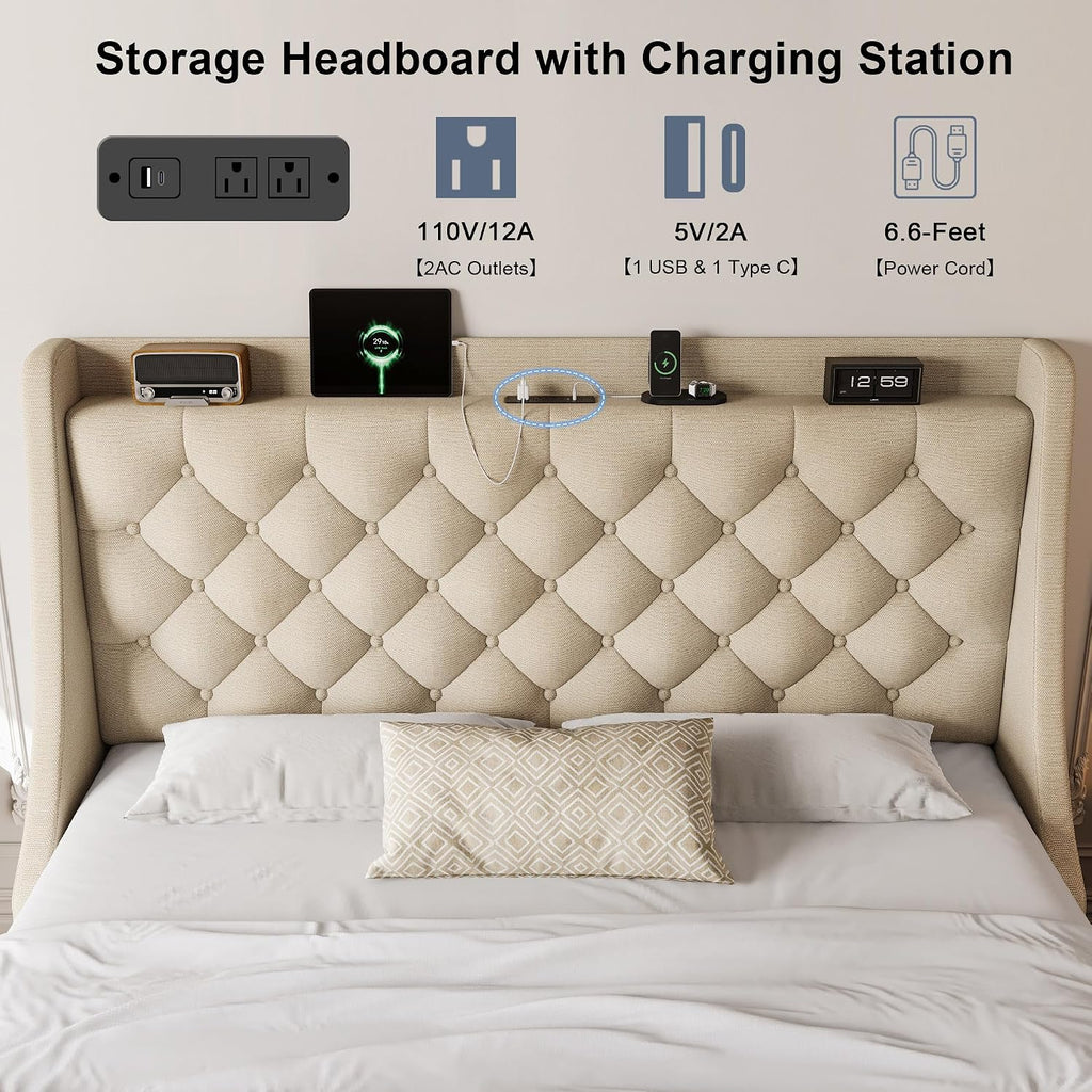 Queen Size Upholstered Platform Bed Frame with 4 Storage Drawers and Charging Station, Linen Button Tufted Wingback Headboard, Sturdy Wooden Support Slats, No Box Spring Needed, Beige