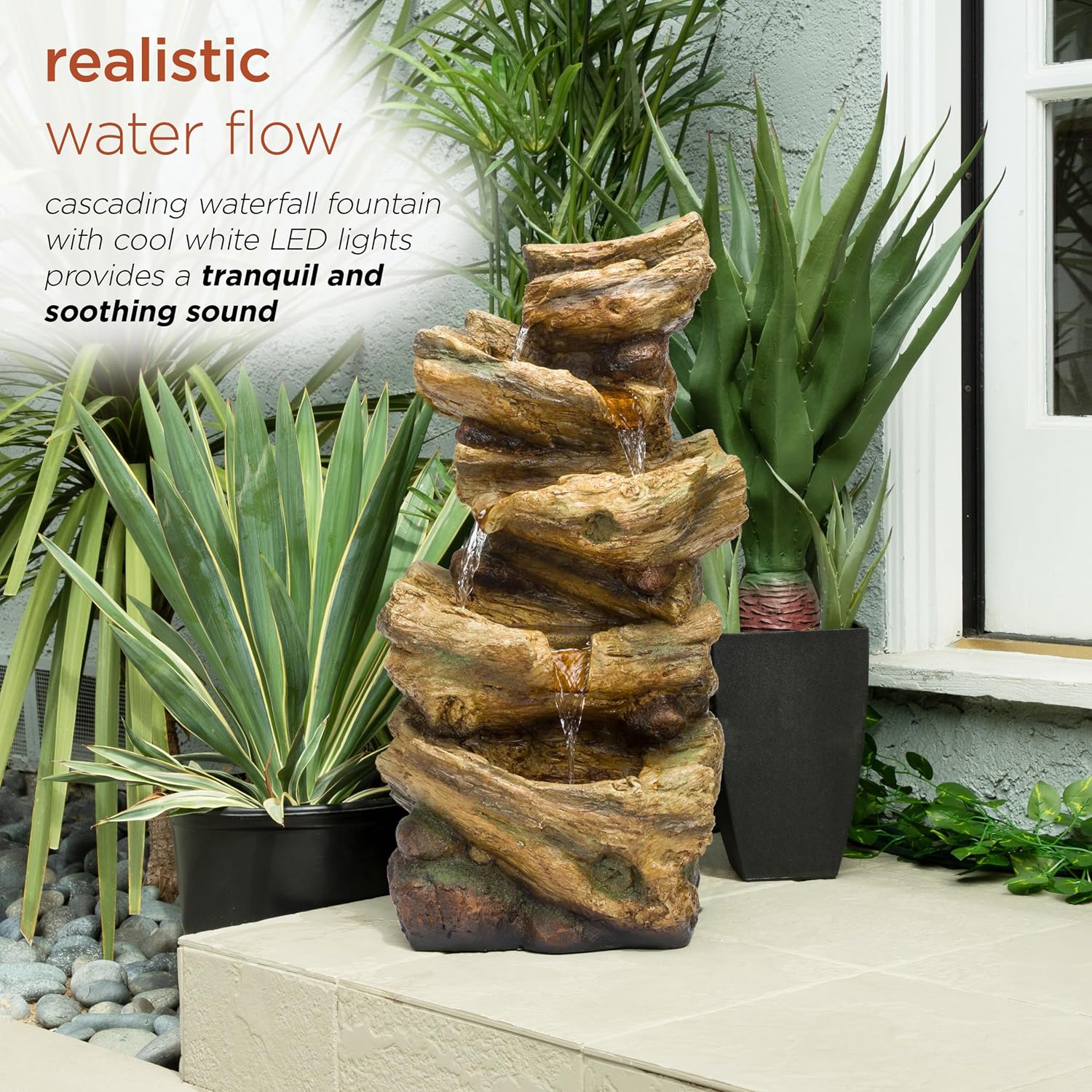 Alpine Corporation TZL226 Outdoor 4 Tier Log Tree Trunk Waterfall Floor Fountain with LED Lights, Tiered Garden Décor, 24' H, Brown