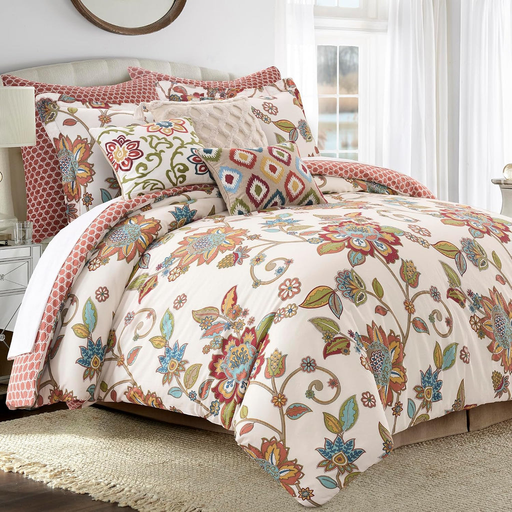Levtex Home - Clementine Comforter Set - Twin Comforter (68x88in) and 1 Standard Sham (20x26in) - Bohemian Floral Vine Design - Multicolor - Reversible - Cotton
