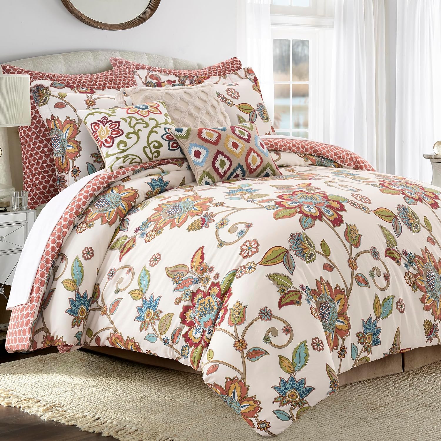Levtex Home - Clementine Comforter Set - Twin Comforter (68x88in) and 1 Standard Sham (20x26in) - Bohemian Floral Vine Design - Multicolor - Reversible - Cotton