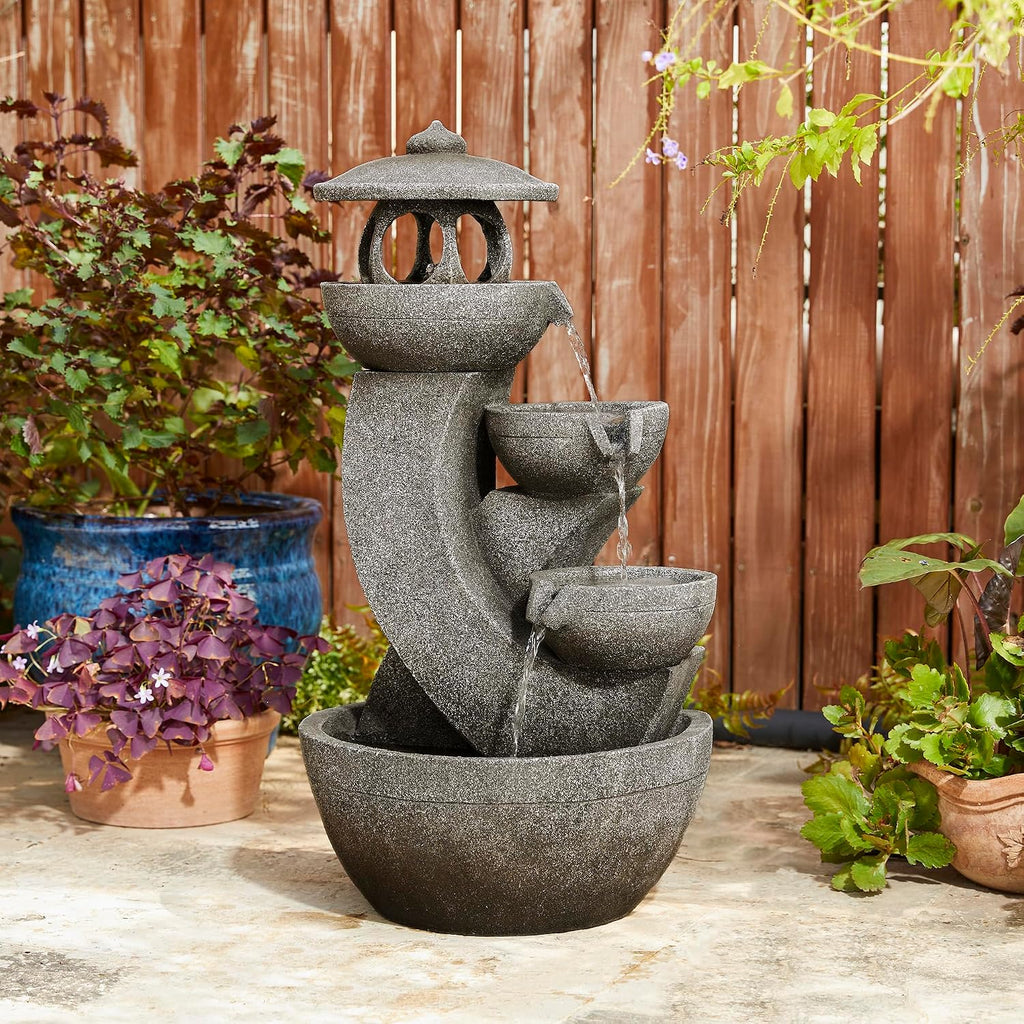 Glitzhome Pagoda Outdoor Water Fountain with LED Light, 4-Tier Oversized Cascading Stacked Stone Waterfall Fountains, Natural Stone Look Outdoor Fountain for Garden Patio Porch, 32'H