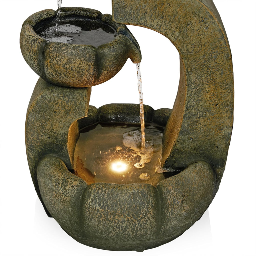 Alpine Corporation 32' Tall 2-Layer Pagoda Polystone Fountain with LED Lights, Cascading Waterfall, Outdoor Garden and Patio Water Feature, Zen Decor, Relaxing Sound, Brown