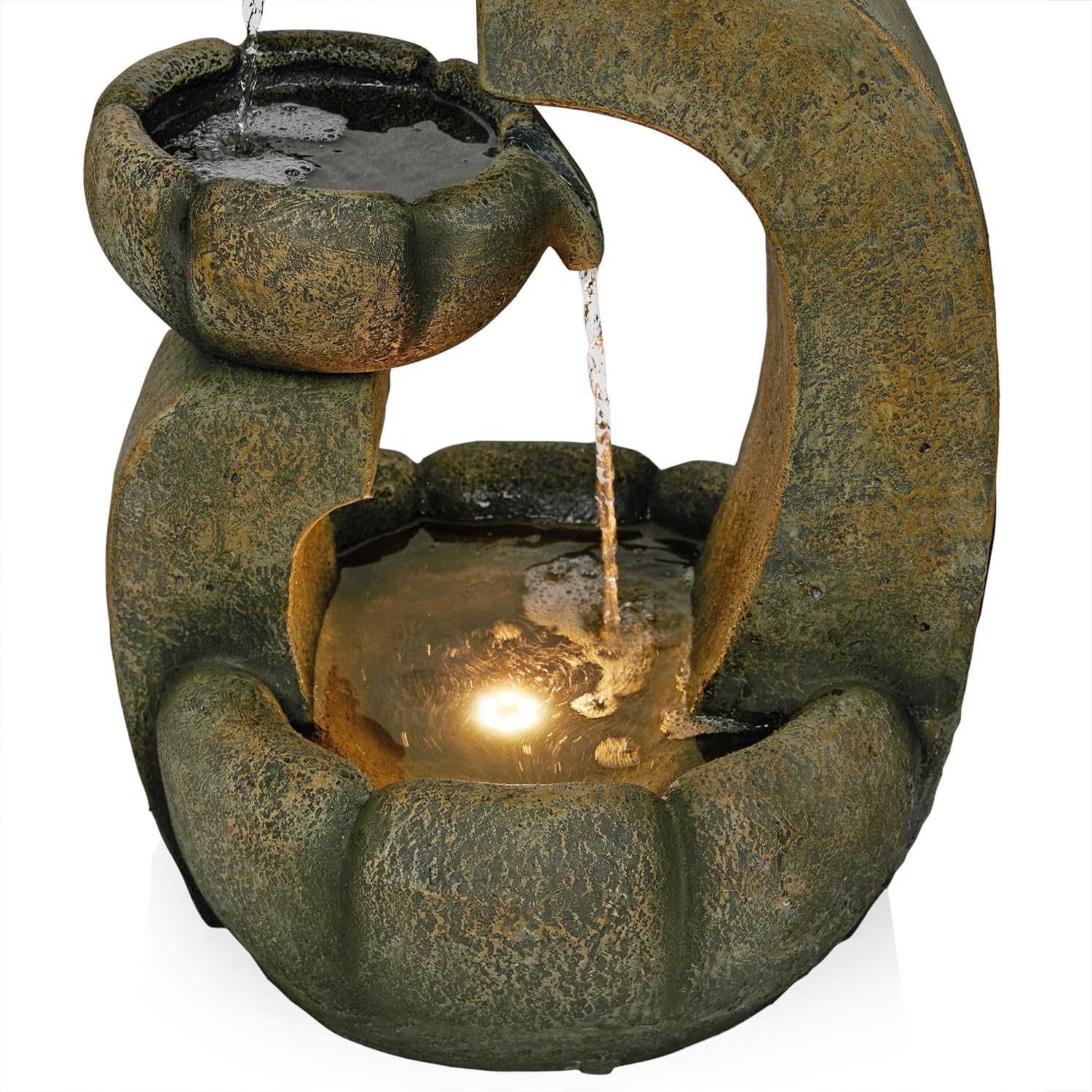 Alpine Corporation 32' Tall 2-Layer Pagoda Polystone Fountain with LED Lights, Cascading Waterfall, Outdoor Garden and Patio Water Feature, Zen Decor, Relaxing Sound, Brown