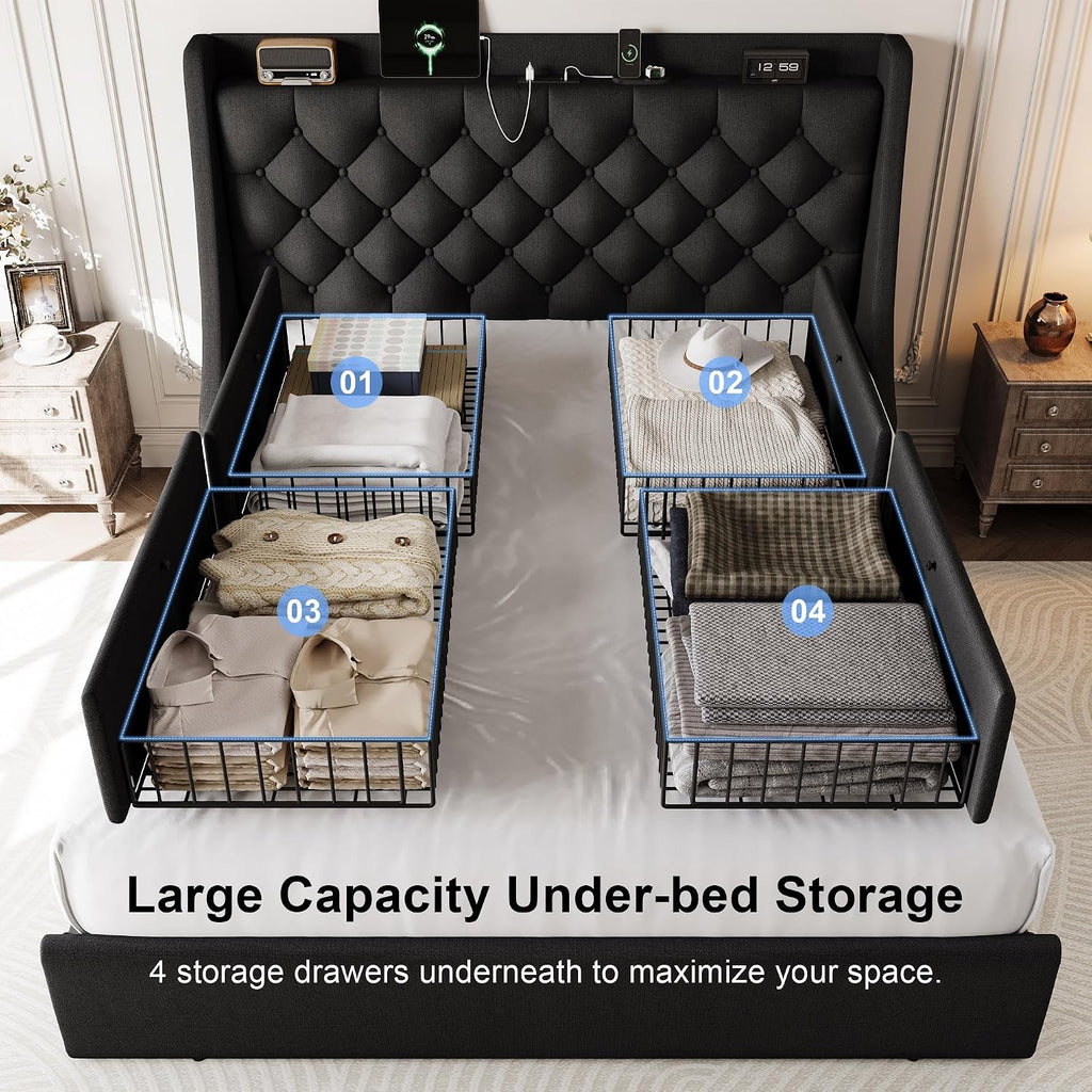 Full Size Bed Frame with 4 Storage Drawers & Charging Headboard, Linen Button Tufted Upholstered Platform Bedframe/w Wingback, Sturdy Wooden Support Slats, No Box Spring Needed, Black