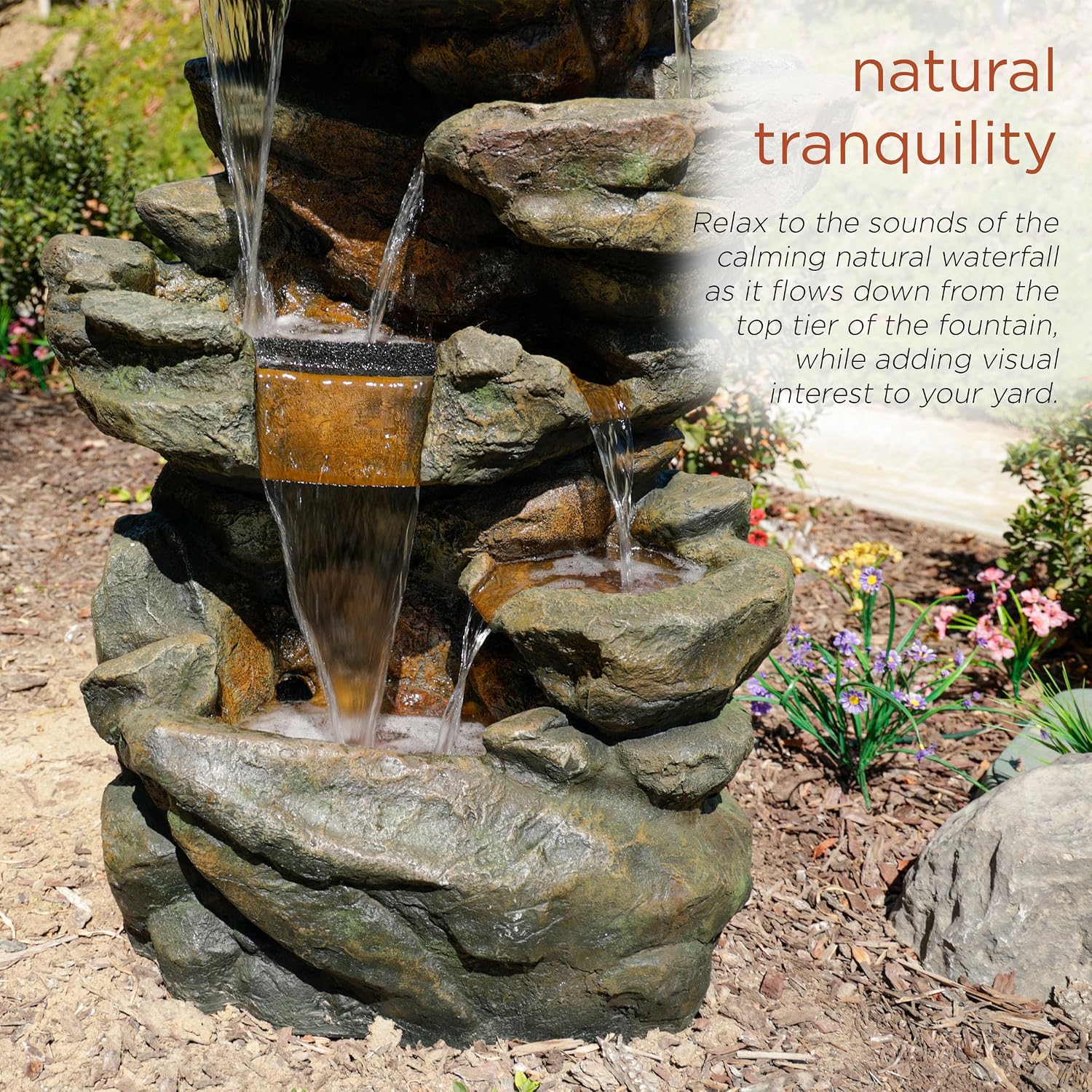 Alpine Corporation 51' Tall 6-Tier Outdoor Rainforest Waterfall Floor Fountain, Weather-Resistant Design with Color-Changing LED Lights & Remote Control, Gray