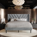 Queen Platform Bed Frame with Chevron-Stitched Wingback Headboard, Velvet Upholstery, No Box Spring Needed, Easy Assembly, Light Grey