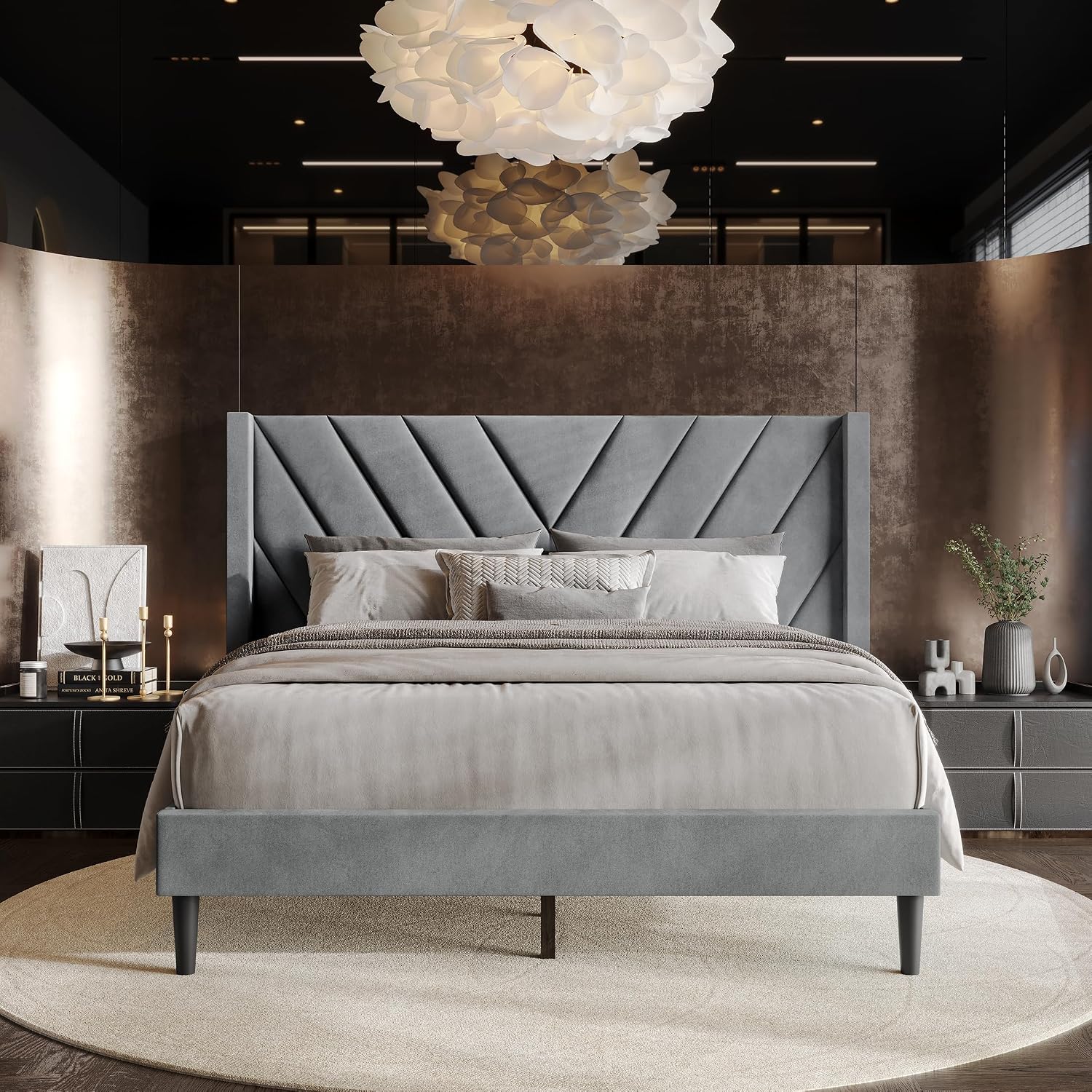 Queen Platform Bed Frame with Chevron-Stitched Wingback Headboard, Velvet Upholstery, No Box Spring Needed, Easy Assembly, Light Grey