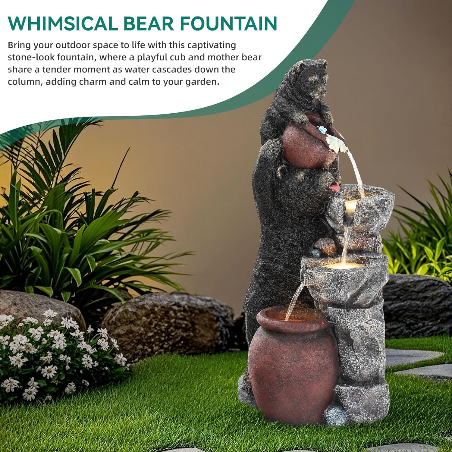 37.5' H Resin Playful Twin Bear Fountain Outdoor, Whimsical Multi-Tiered Stone Vessel Water Feature Outdoor with Lights, Soothing Cascading Waterfall for Patio, Backyard, Garden or Porch