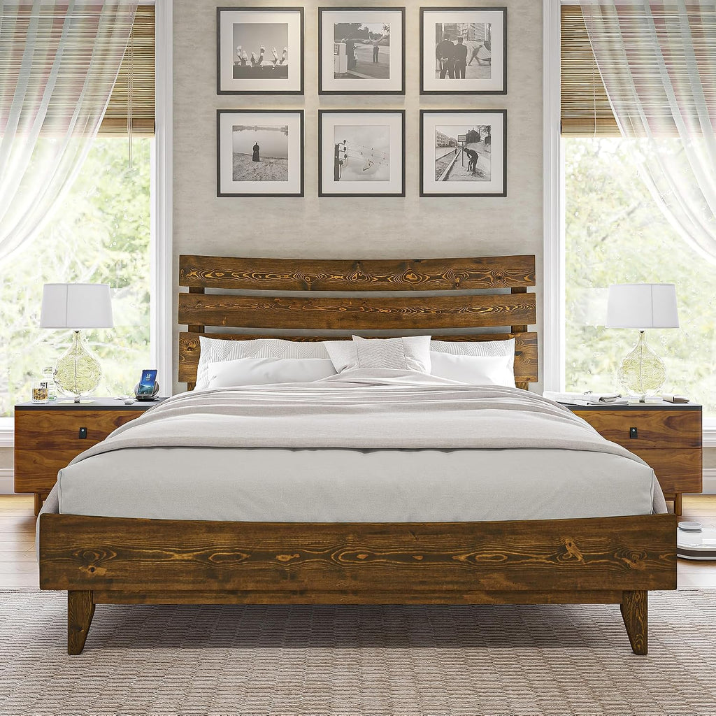 VanAcc Queen Size Solid Wood Bed Frame, Mid Century Platform Bed with Slatted Headboard, Wood Slat Support/No Box Spring Needed/Noise Free/Caramel