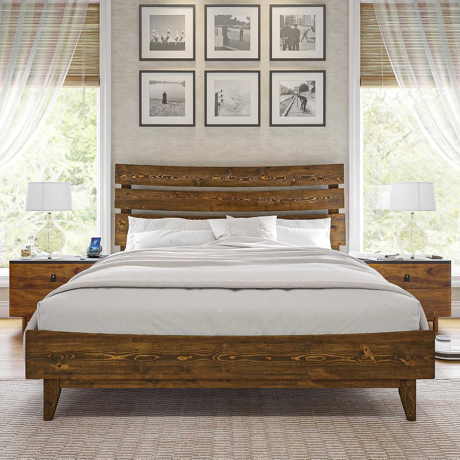 VanAcc Queen Size Solid Wood Bed Frame, Mid Century Platform Bed with Slatted Headboard, Wood Slat Support/No Box Spring Needed/Noise Free/Caramel