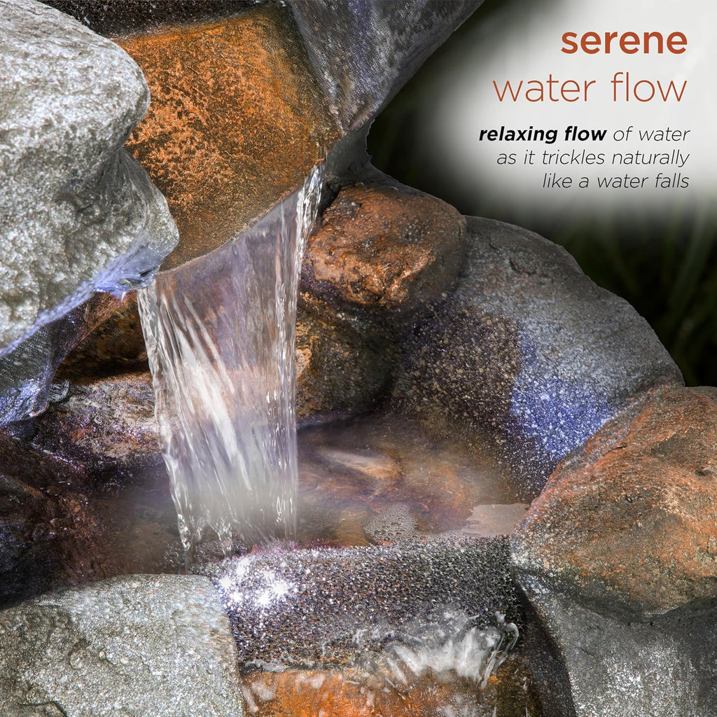 Alpine Corporation WIN1068 Outdoor Floor Rock Water Fountain with LED Lights, 5-Tier Rock Waterfall Fountain 54', Dark Brown