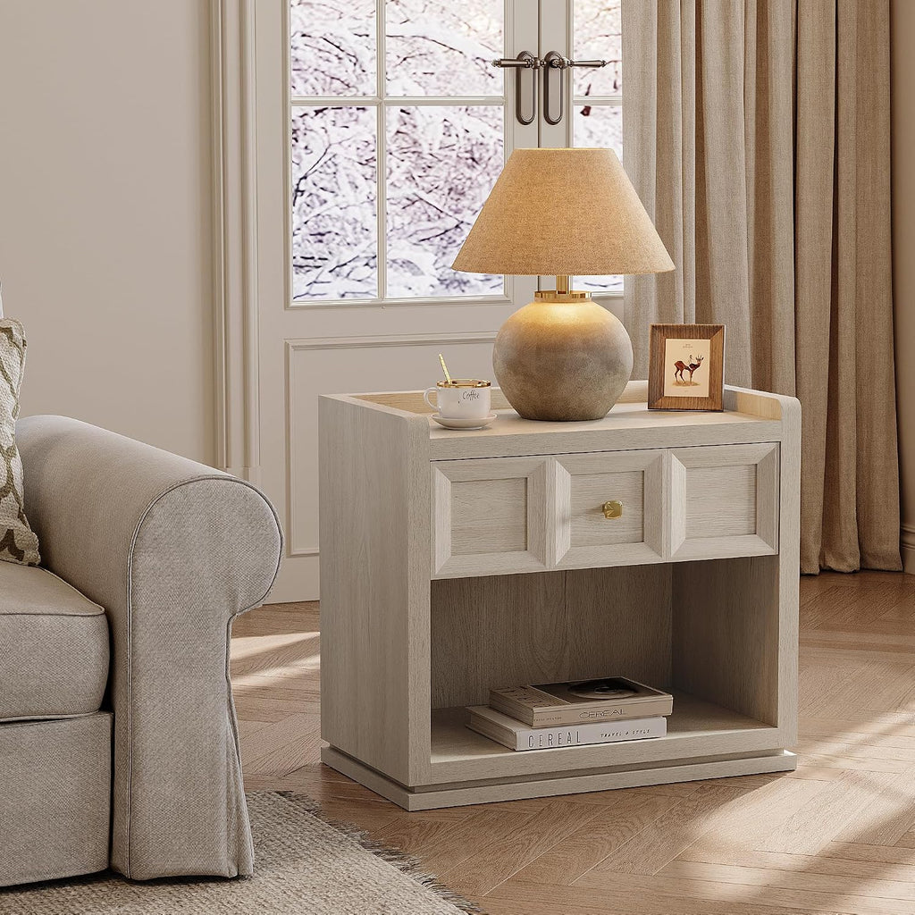 SICOTAS Night Stand Set 2, 26' Wide Nightstands with Drawer, Large Queen Size Nightstands Set of 2, Modern Bedside Table for Bedroom, Side End Table, Grey White Oak