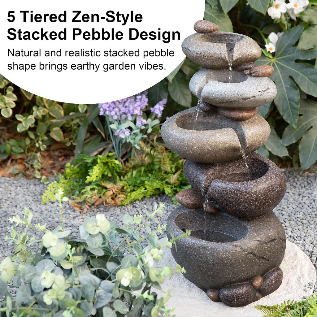 Glitzhome Water Fountain Outdoor, 5-Tiered Stacked Pebbles Outdoor Fountain with LED Lights and Pump, 24.5' H Zen Style Polyresin Waterfall Fountain Water Feature for Garden, Yard, Patio, Porch Decor