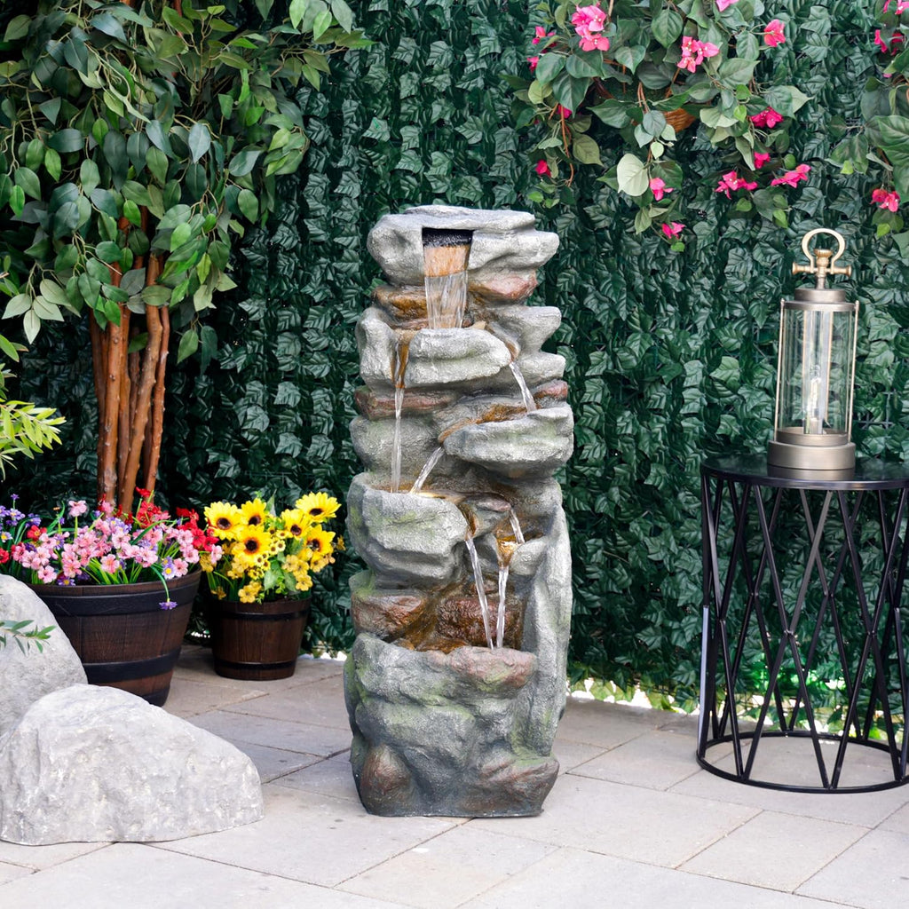 Alpine Corporation 39' Tall Outdoor Mult-itiered Elegant Rock Look Waterfalls Floor Fountain with LED Lights, Gray