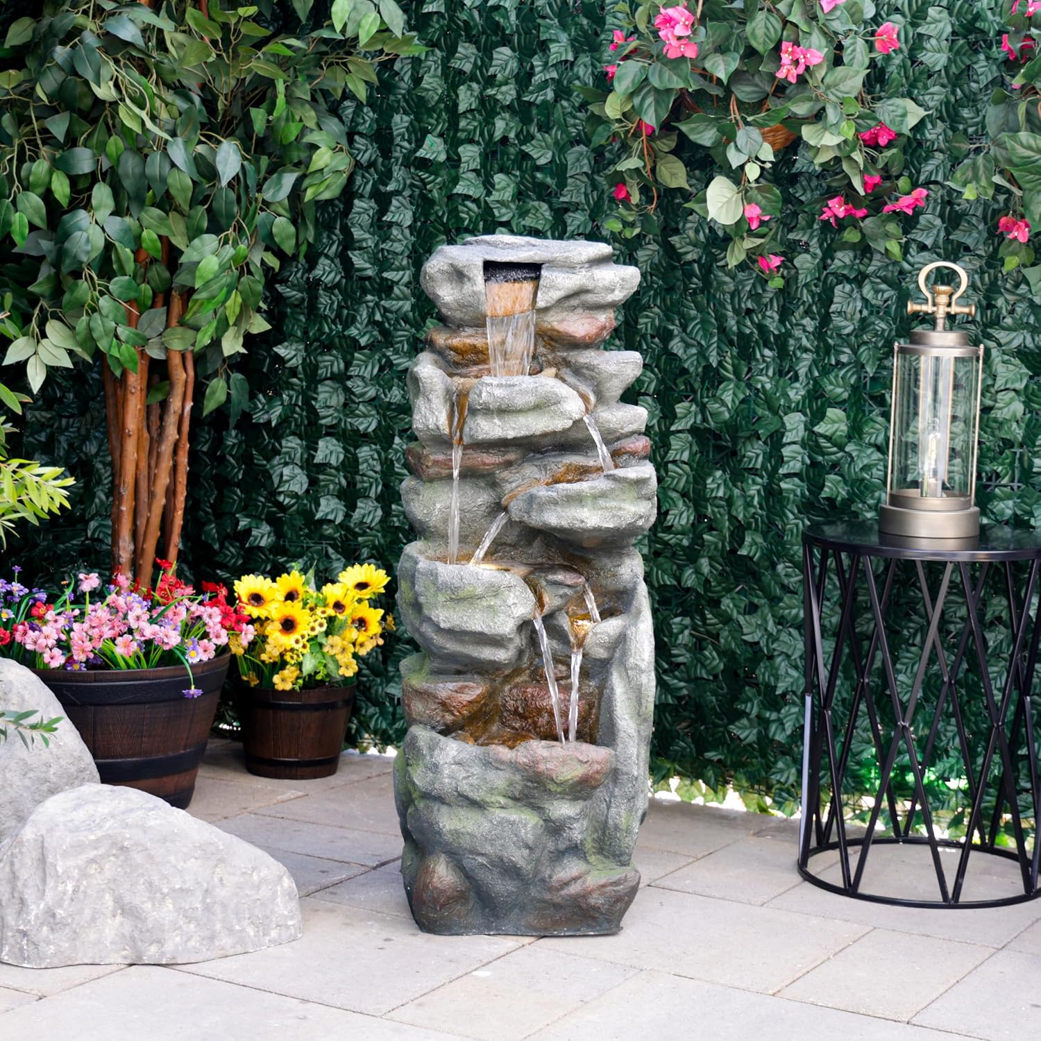 Alpine Corporation 39' Tall Outdoor Mult-itiered Elegant Rock Look Waterfalls Floor Fountain with LED Lights, Gray