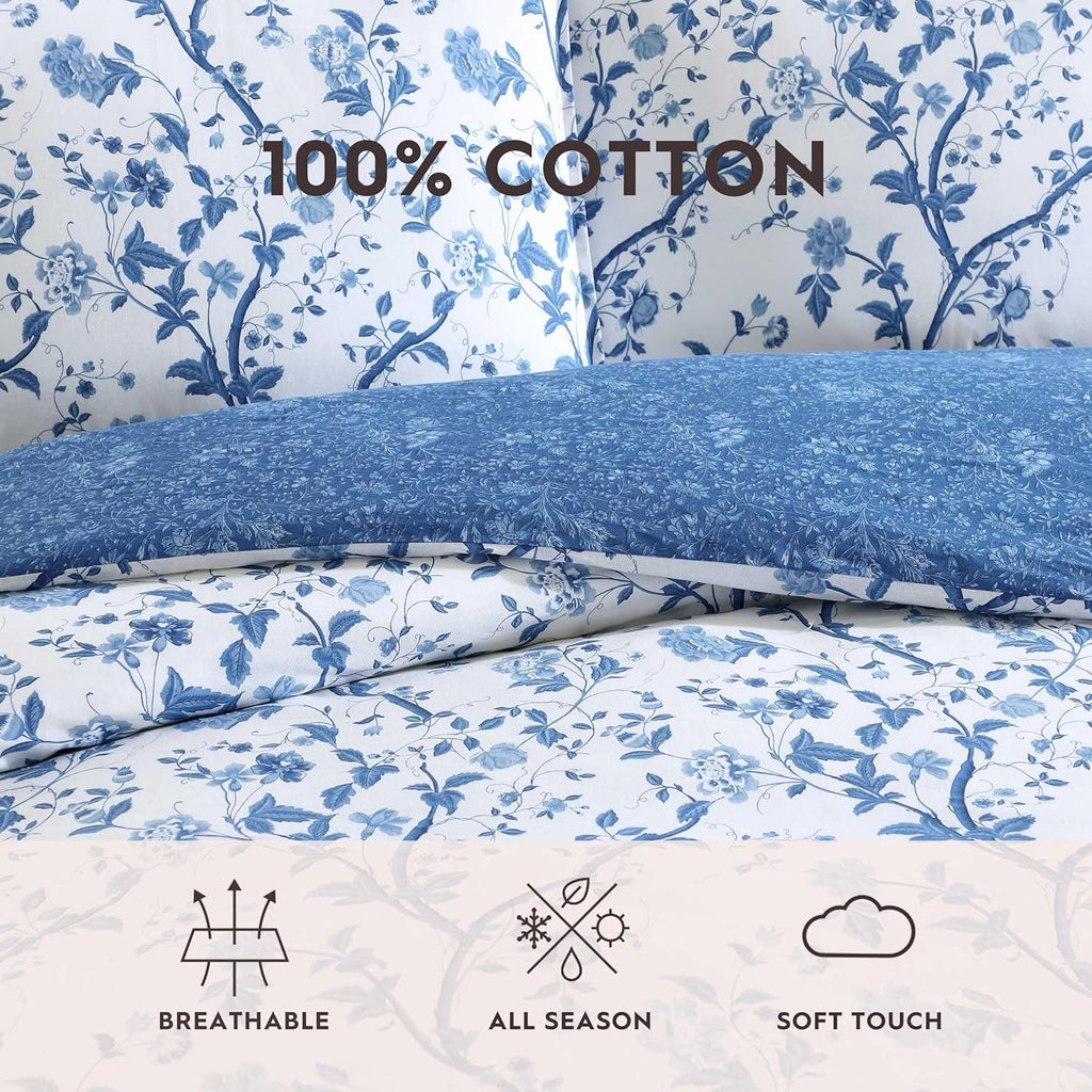 Laura Ashley – Queen Comforter Set, Reversible Floral Bedding with Matching Shams & Bonus Decorative Pillows, Medium Weight, 7-Piece, College Dorm Room Essentials (Elise Blue)