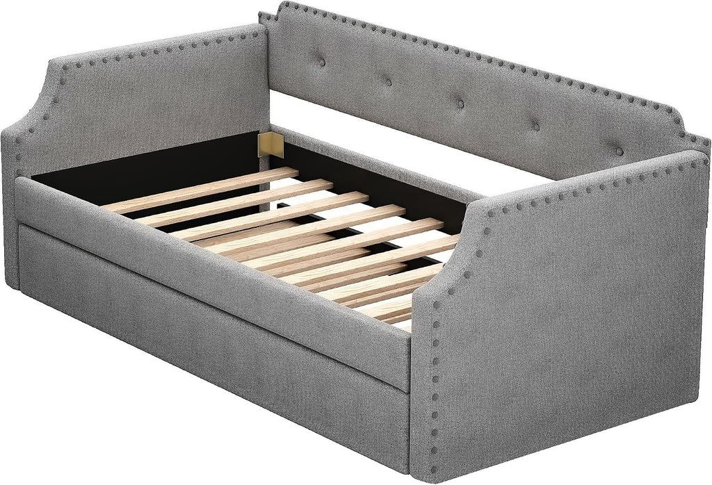 Twin Size Daybed with Trundle, Upholstered Twin Daybed Frame, Sofa Bed for Bedroom Living Room, Gray