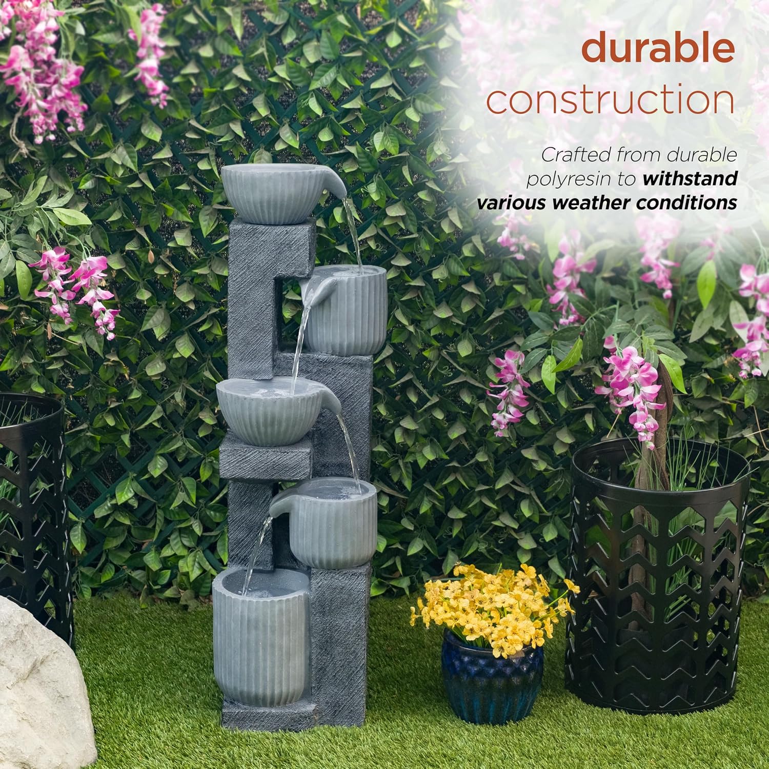 Alpine Corporation 40' Tall Outdoor 5 Tiered Pot Decorative Waterfall Floor Fountain with LED Lights, Perfect for Patios, Yards, and Landscaping, Gray