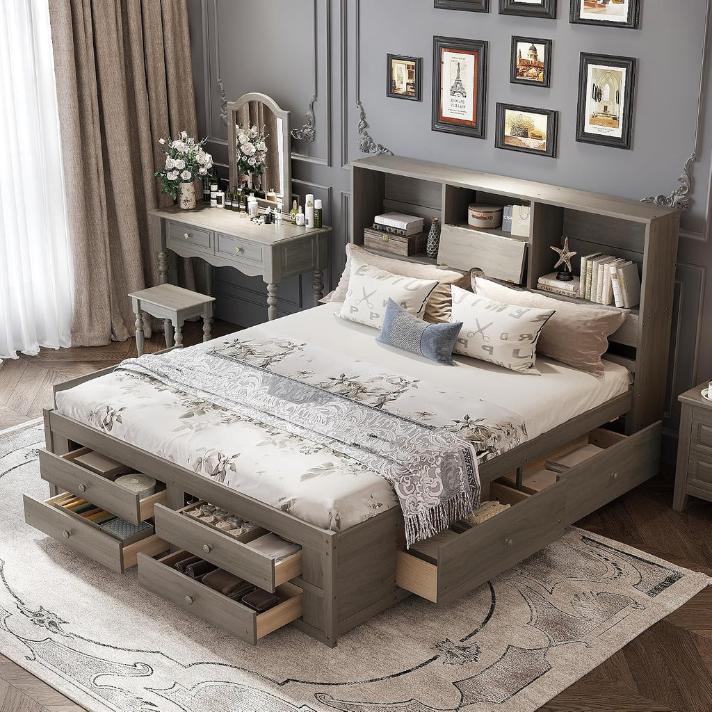 VilroCaz Wood King Size Platform Bed with Storage Headboard, Modern Platform Bed Captain's Bed Frame with 8 Drawers, Sturdy Slats Support, Maximize Space (Grey-M3, King)
