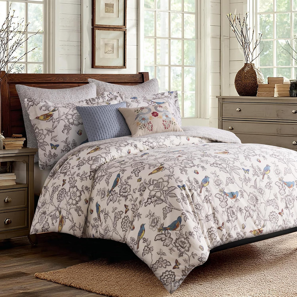 Levtex Home Mockingbird Reversible King Duvet Cover Set (106x94in) with 2 Pillowcases (36x20in) - Floral Birds - Charcoal - 100% Cotton King Size Duvet Cover Bedding Set - Soft, Pre-Washed