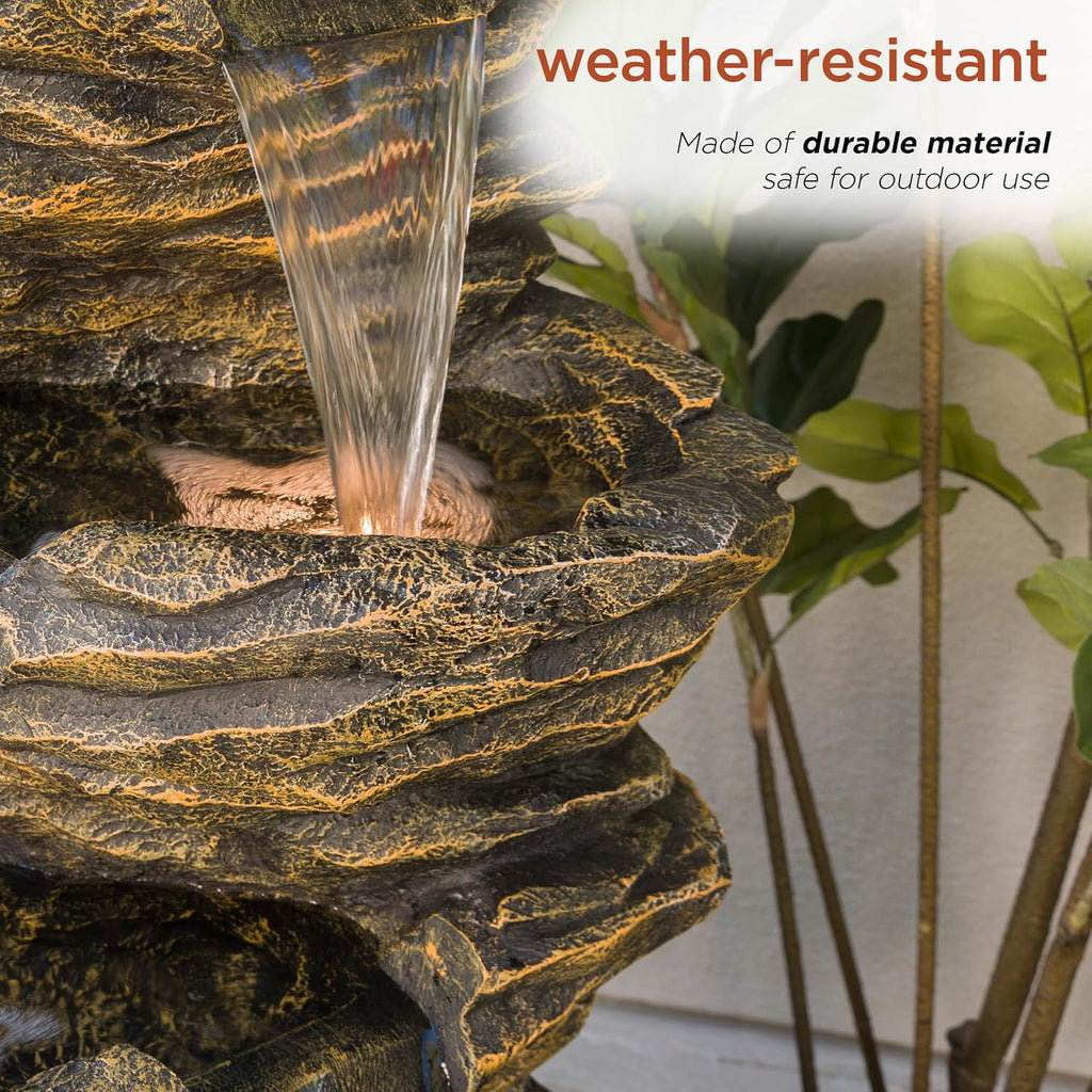 Alpine Corporation 39' Tall Outdoor 5 Tiered Natural Look Rock Water Floor Fountain with Replaceable Lights, Brown