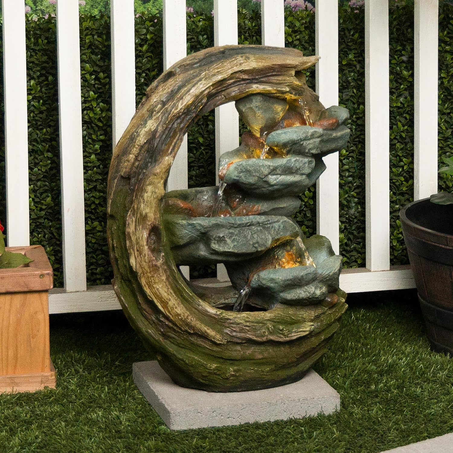 Alpine Corporation WIN1554S Outdoor Curved Trunk and Stone Floor Fountain with Warm White LED Lights, Tiered Garden Decor, 24' H, Brown
