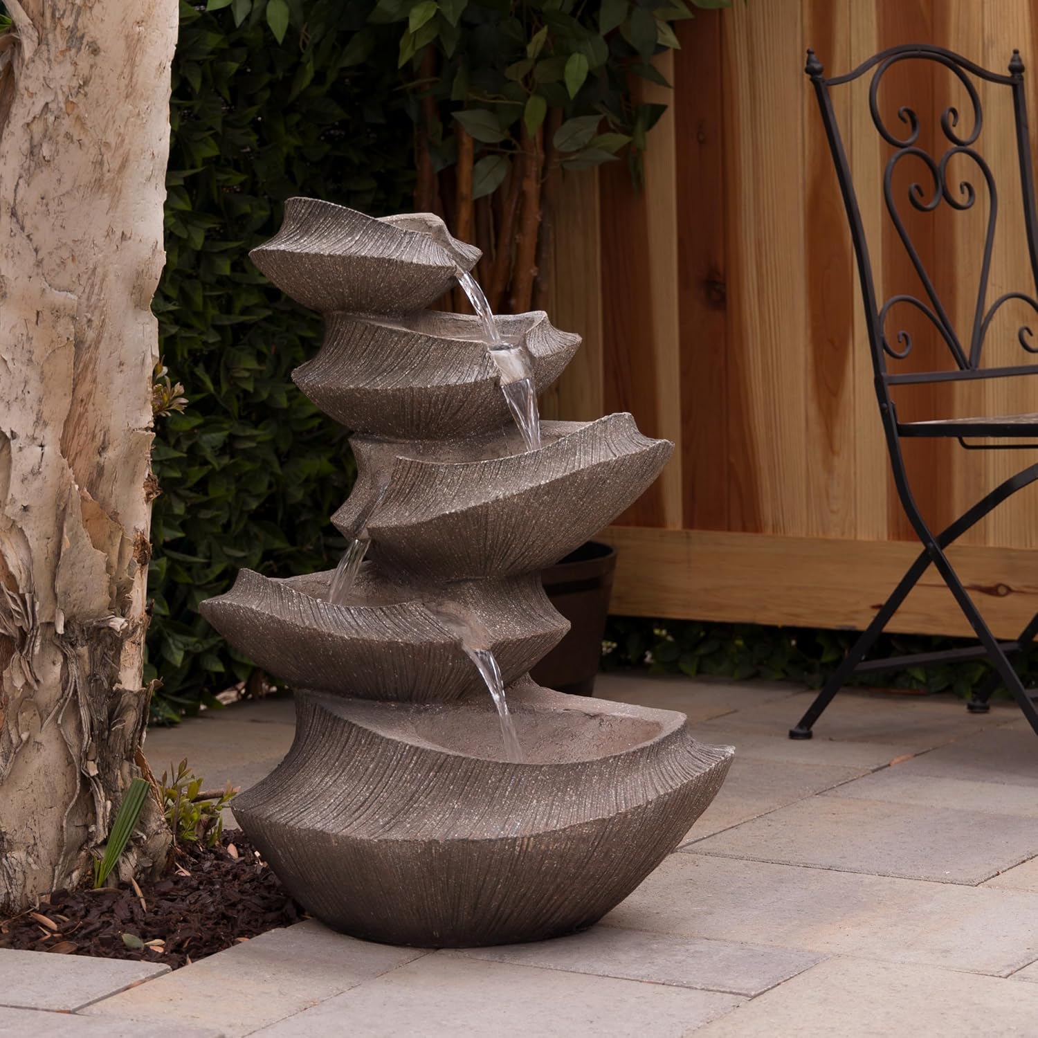 Alpine Corporation WIN1332L-BR Outdoor Floor Tiered Basin Fountain with LED Lights, Modern Basin Garden Fountain 31', Brown
