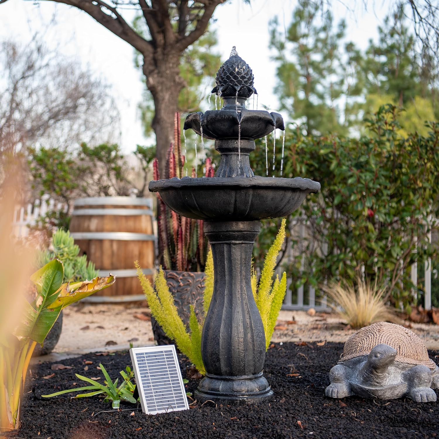XBrand 44' Solar Powered 2-Tier Outdoor Water Fountain, Fiberglass Resin Fountain with Solar Panel and Auto Shut-Off Pump, Black