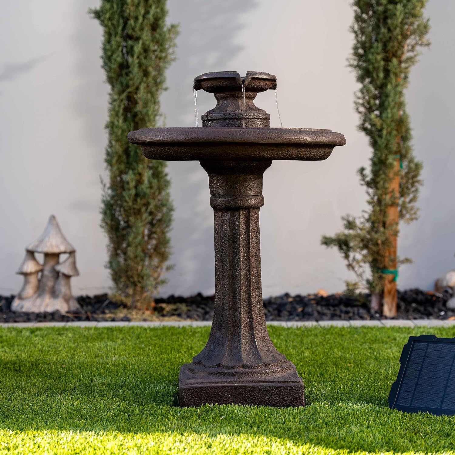 XBrand 28' Solar Powered Outdoor Bird Bath Water Fountain, Resin Fountain with Solar Panel, Brown