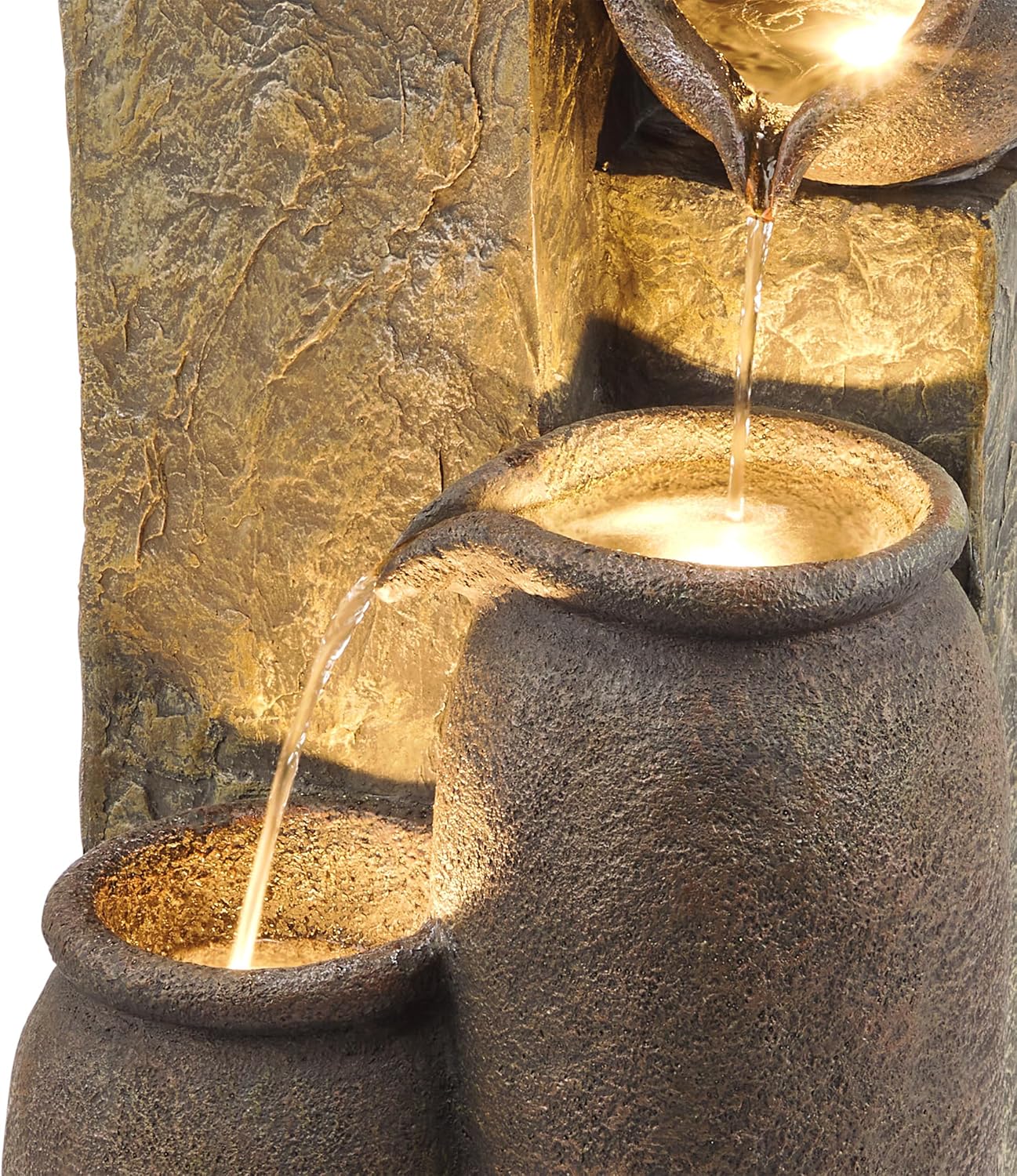 Alpine Corporation GIL140 43' Tall Indoor Outdoor Pottery Fountain with Replaceable LED Lights, Water Feature for Garden, Patio, and Home Decor, Brown