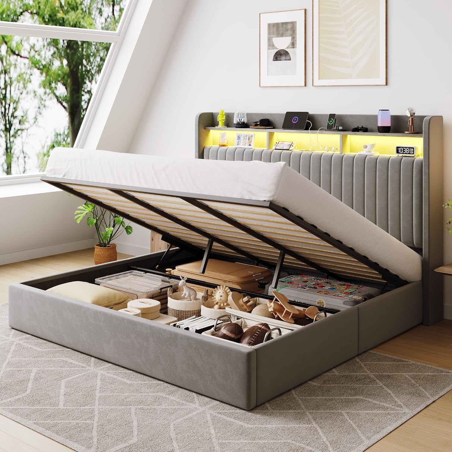 SHA CERLIN King Size Lift Up Storage Bed Frame/LED Lights/Charging Station/2-Tier Shelves Headboard/USB,Type-C Ports/Velvet Upholstered/Hydraulic Support/No Box Spring Needed/Noise Free/Gray