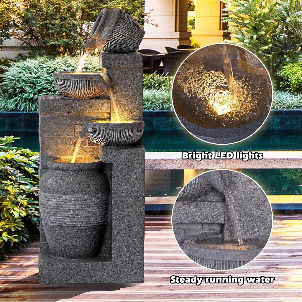 Grepatio 4-Tiers Indoor/Outdoor Garden Water Fountain, 32' H Cascading Water Feature Waterfalls Fountain with LED Lights, Outdoor Floor Standing Water Fountains for Garden, Yard, Patio, Decor (Grey)