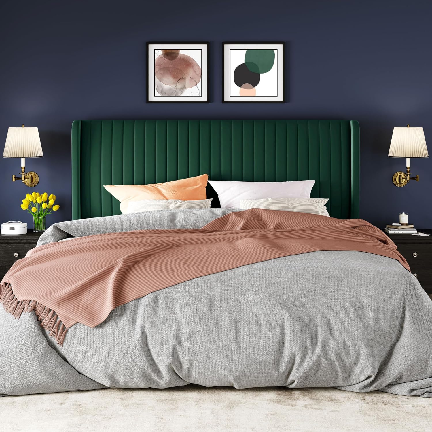 Allewie King Size Bed Frame/Velvet Upholstered Platform Bed/Vertical Channel Tufted Wingback Headboard/Strong Wooden Slats/No Box Spring Needed/Easy Assembly/Green