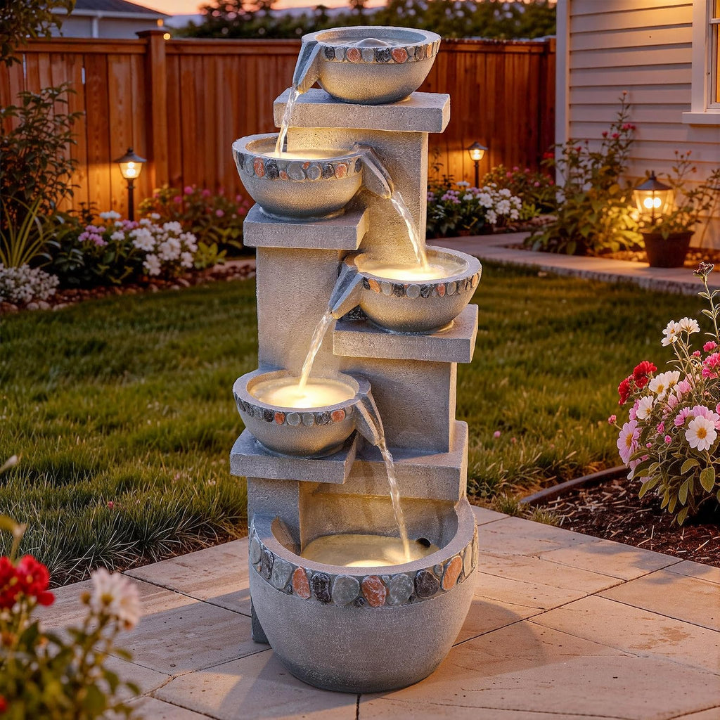 33' H 4-Tier Fountain Outdoor, Modern Resin Pebble Tabletop Water Feature Outdoor with LED Lights, Soothing Cascading Waterfall for Patio, Backyard, Garden or Porch