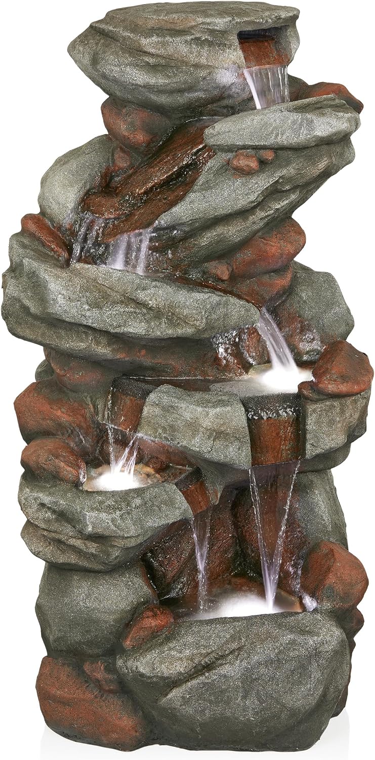 Alpine Corporation WIN1548 Outdoor Floor Cascading Stone Fountain with LED Lights, Tiered Garden Water Fountain, 53' H, Gray