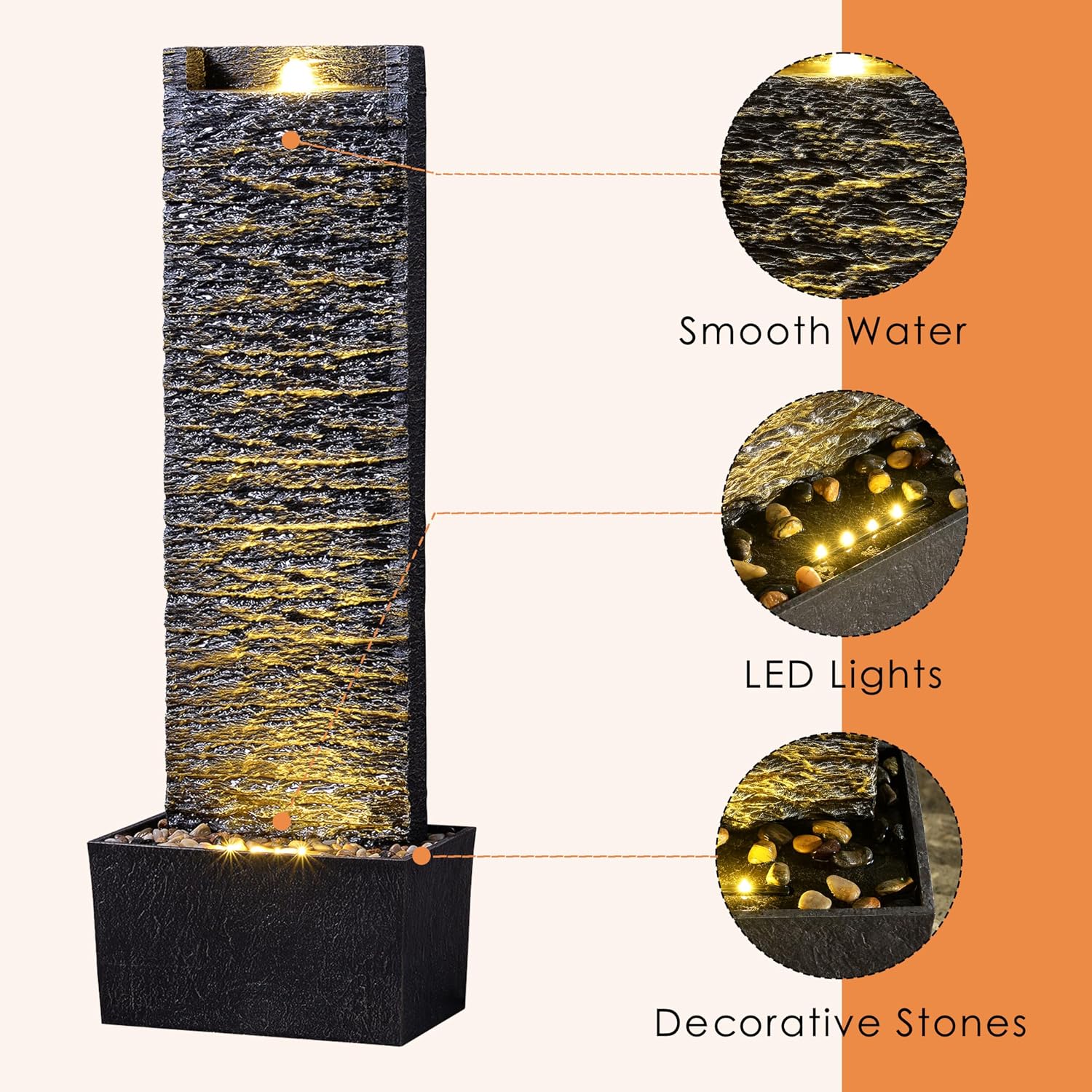 Water Fountain Outdoor, Floor Standing LED Illuminated Water Flow Elegant Water Fountain Pump 38.5' with Pebble Base for Garden, Patio and Yard (24372)
