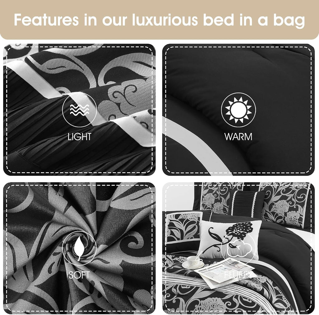 Stratford Park 7 Piece Black Sliver Comforter Set, King Size Jacquard Floral Bedding Set, All Season, Ultra-Soft, Matching Pillows & Shams, Bed Skirt