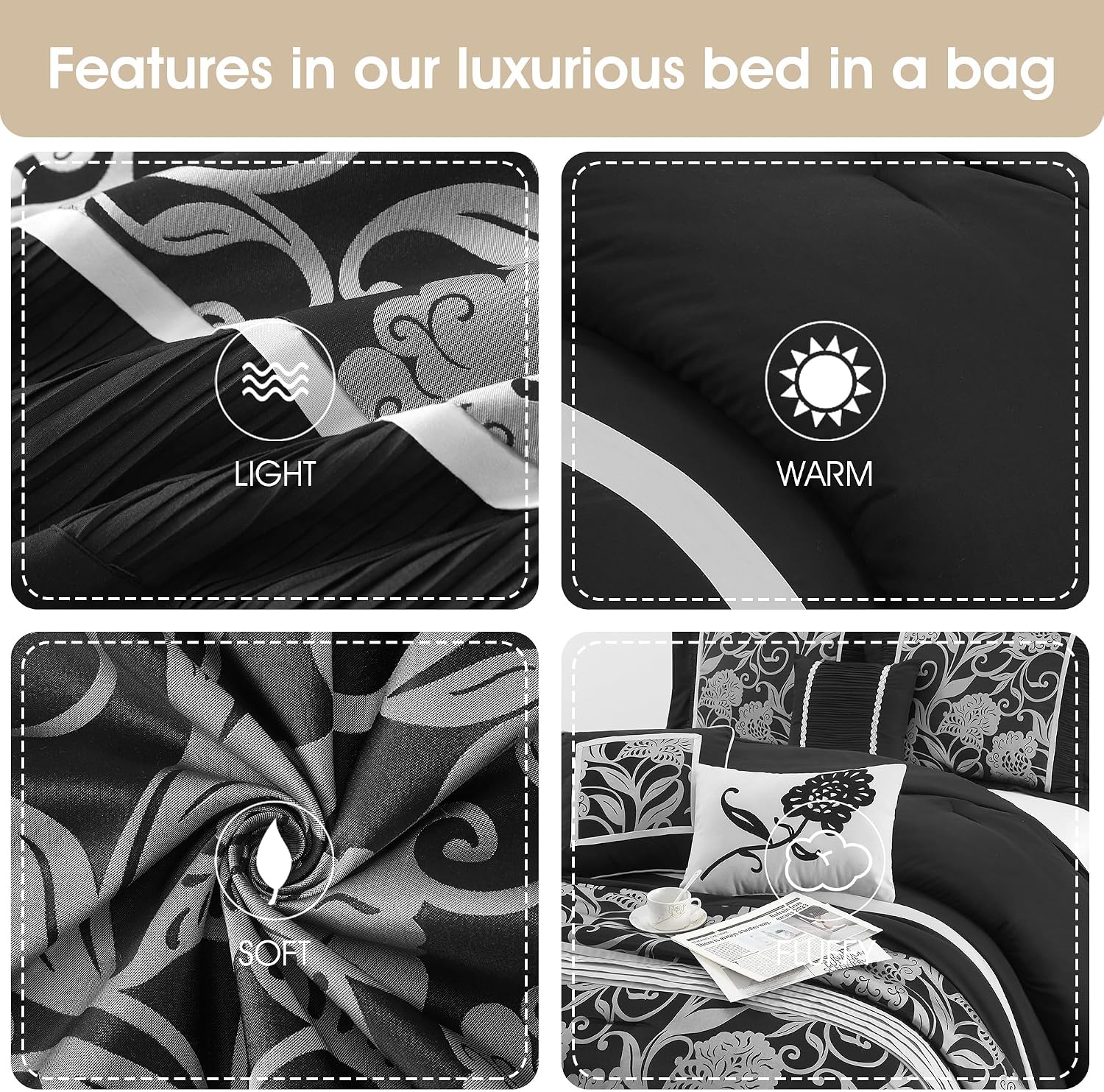 Stratford Park 7 Piece Black Sliver Comforter Set, King Size Jacquard Floral Bedding Set, All Season, Ultra-Soft, Matching Pillows & Shams, Bed Skirt