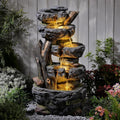 47.2' Tall Outdoor Water Fountain 5-Tier Large Cascading Waterfall Fountain Realistic Rock & Tree Trunk Design with LED Lights, Relaxing Water Flow for Garden, Patio, Backyard & Porch Decor