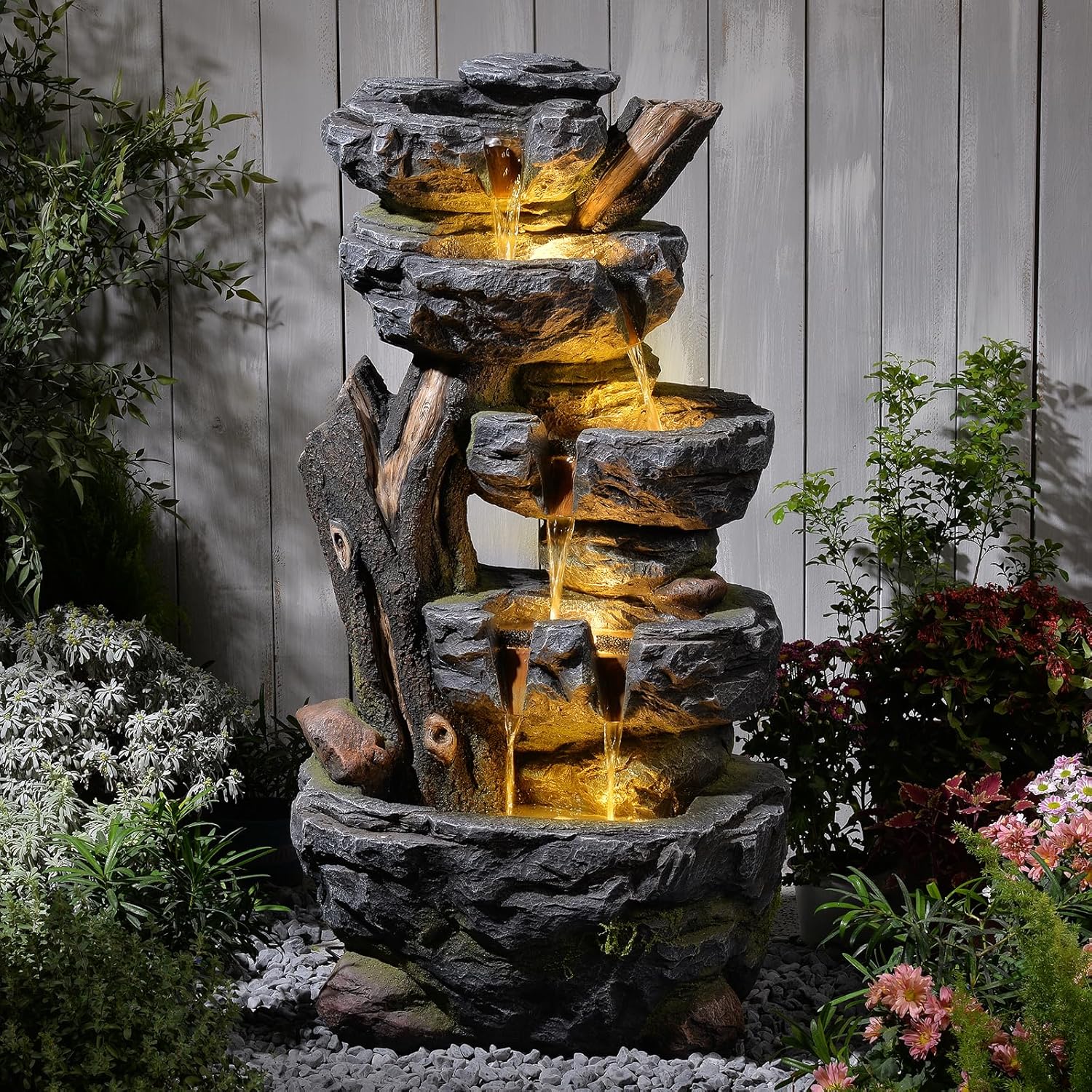 47.2' Tall Outdoor Water Fountain 5-Tier Large Cascading Waterfall Fountain Realistic Rock & Tree Trunk Design with LED Lights, Relaxing Water Flow for Garden, Patio, Backyard & Porch Decor