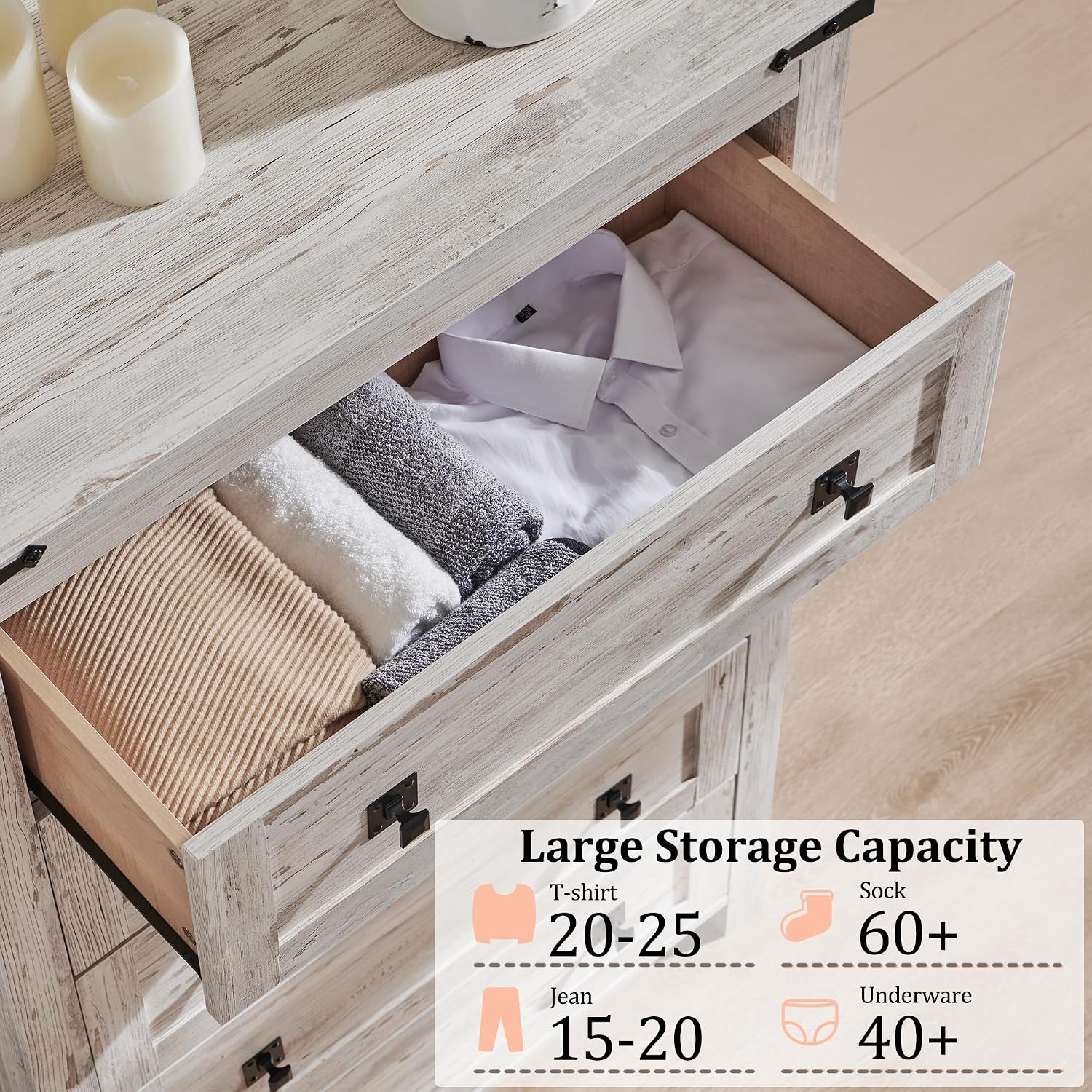 RedLemon Farmhouse 5 Drawer Dresser, 48' Tall Rustic Chest of Drawers, Wood Dresser for Bedroom, Living Room, Hallway, Antique Brush White