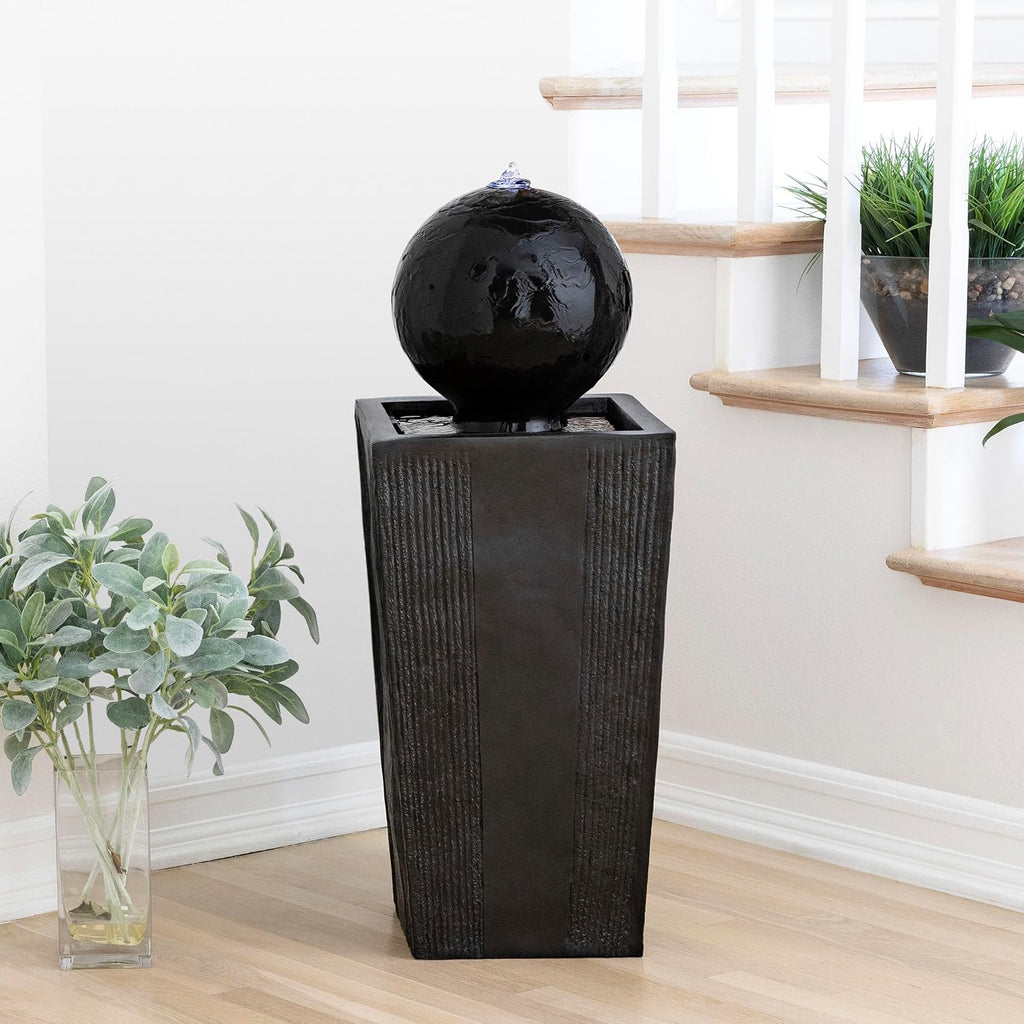 Alpine Corporation GIL786 Outdoor Floor Modern Sphere and Pedestal Soothing Waterfall Fountain for Garden 33', Black