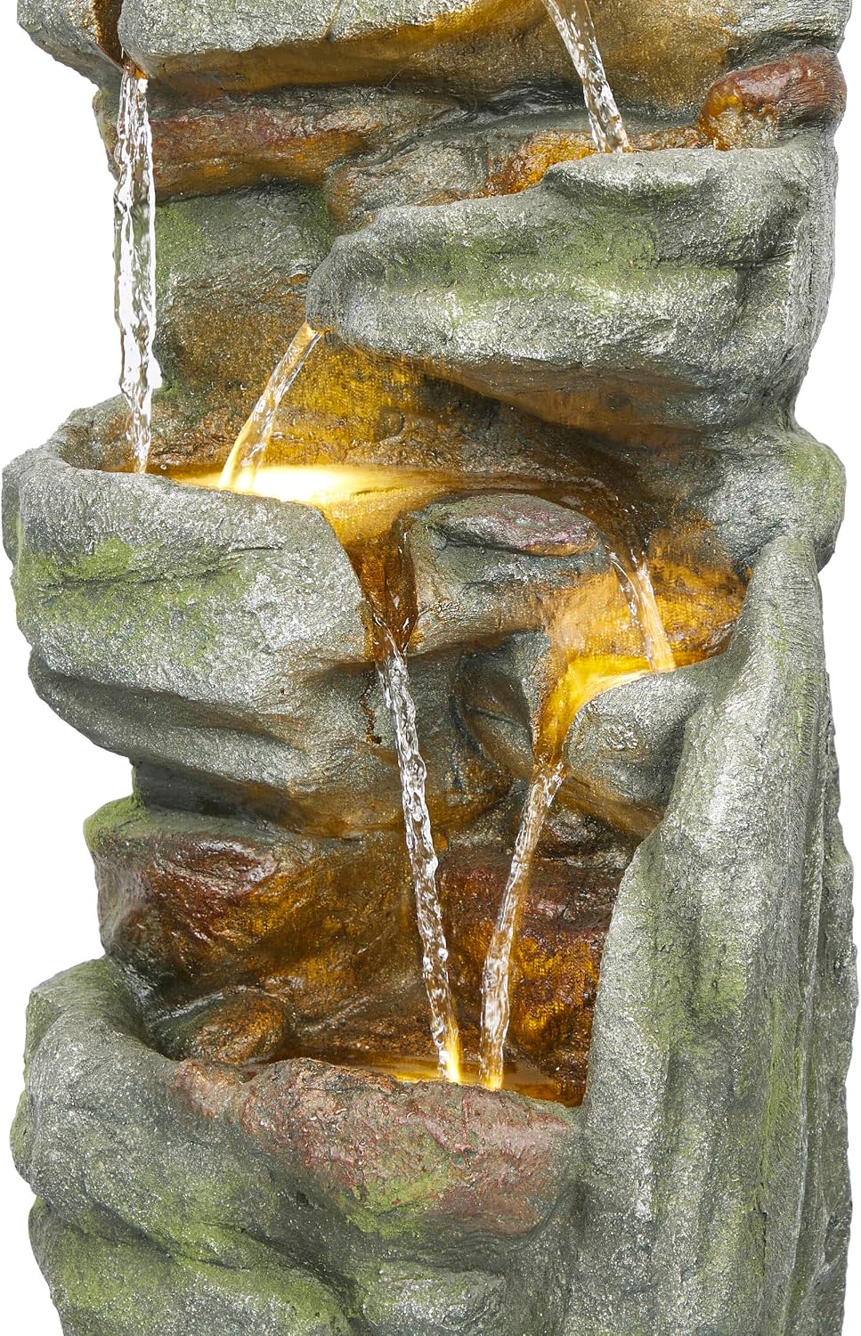 Alpine Corporation 39' Tall Outdoor Mult-itiered Elegant Rock Look Waterfalls Floor Fountain with LED Lights, Gray